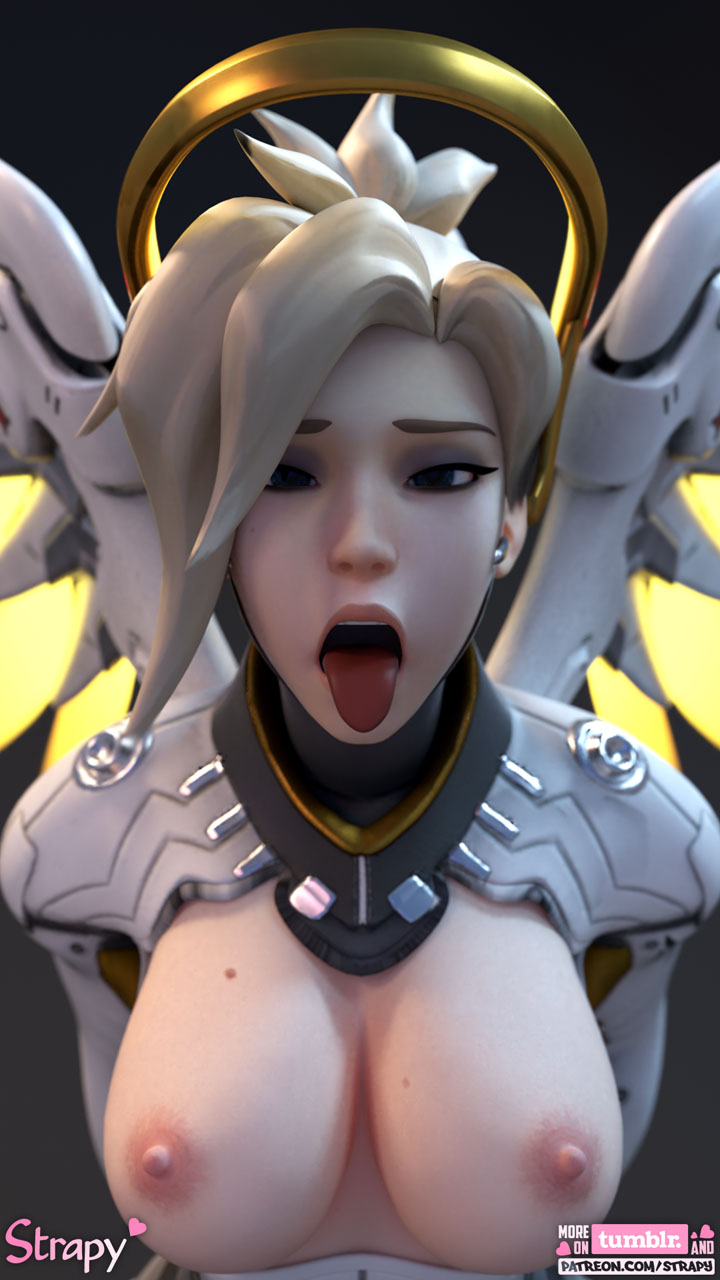 3d, areolae, blender, breasts, female, female only, looking at viewer, mercy, nipples, open mouth, overwatch, solo, strapy, tongue, tongue out