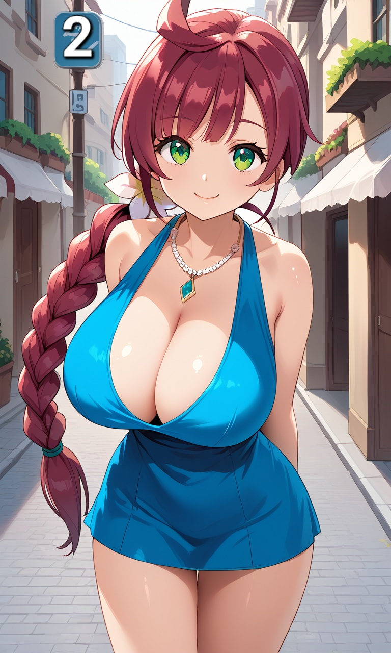 1girls ai_generated big_breasts blue_dress braid braided_hair breasts chloe_(pokemon) digital_media dress eyelashes female female_focus female_only green_eyes hi_res huge_breasts human human_female human_only large_breasts large_tits light_skin light_skinned_female looking_at_viewer pokemon pokemon_(anime) pokemon_(franchise) pokemon_(trainer pokemon_anime pokemon_trainer pokemon_trainer) side_braid single_braid smile solo solo_female solo_focus