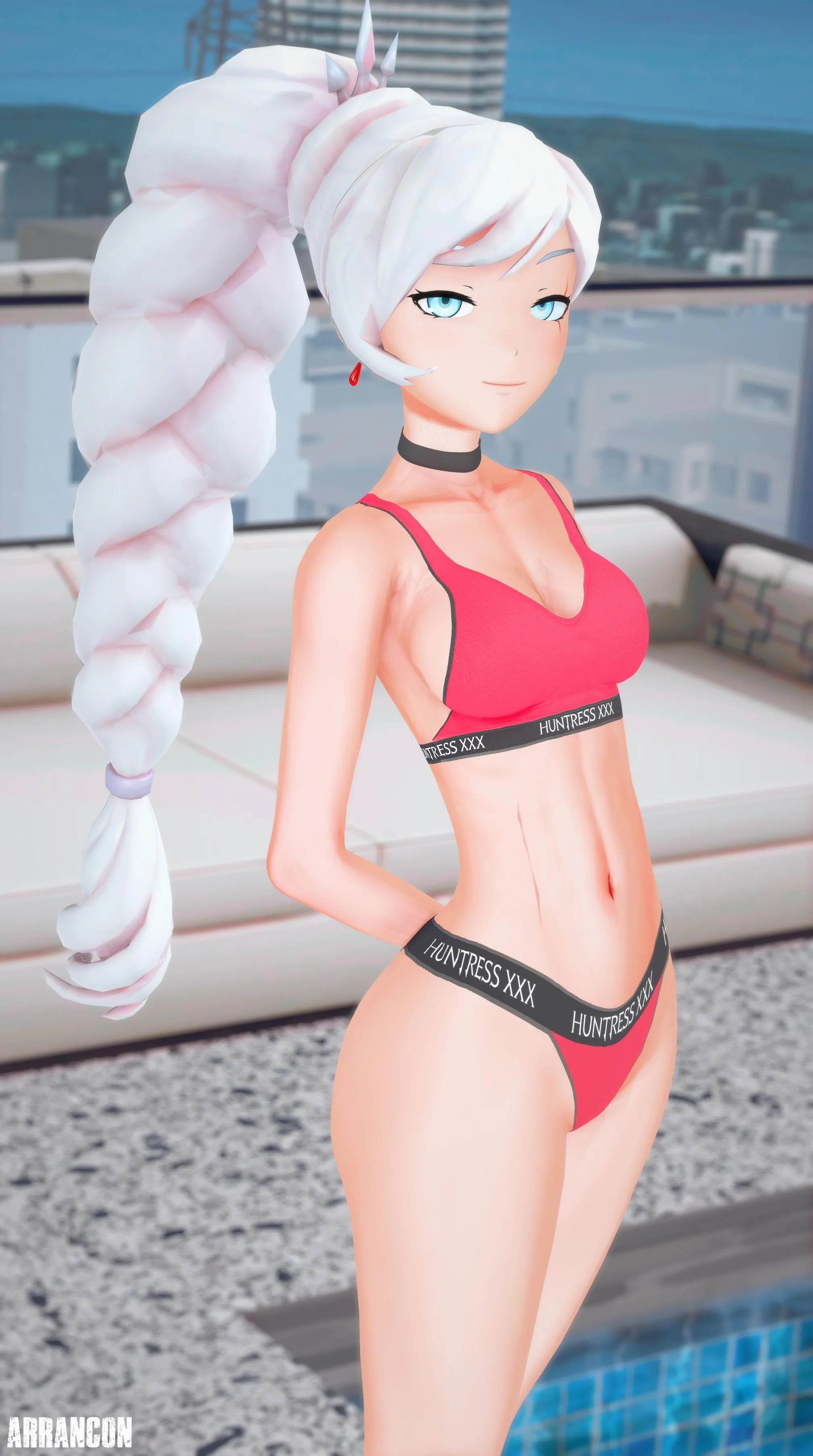 arrancon, blue eyes, female, koikatsu, light skin, light-skinned female, rwby, swimsuit, weiss schnee, white hair