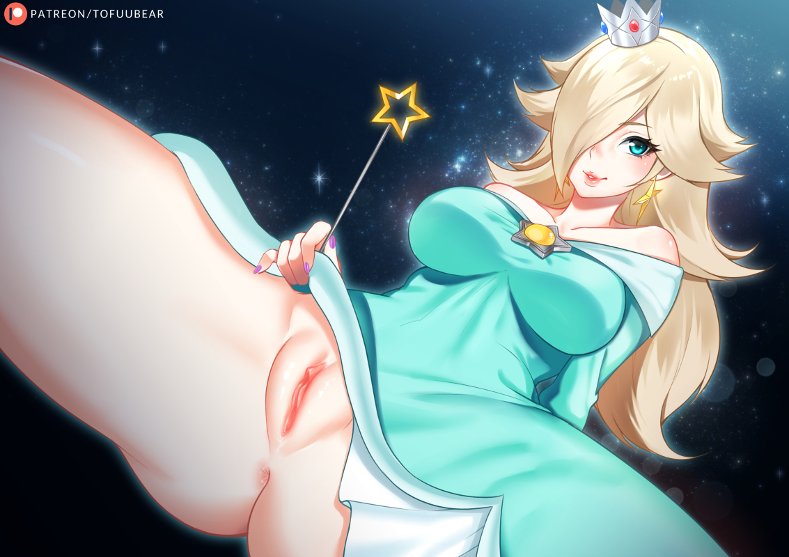 blonde hair, breasts, cleavage, female, female only, hair over one eye, higher resolution available, long hair, mario (series), nintendo, princess rosalina, pussy, shaved pussy, solo, spread legs, super mario galaxy, tofuubear