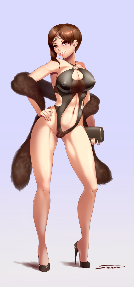 big_breasts breasts brown_eyes brown_hair cameltoe cleavage coco_adel female female_only fur_trim high_heels leotard one-piece_swimsuit pinup plain_background revealing_clothes rwby shonomi skimpy_clothes swimsuit