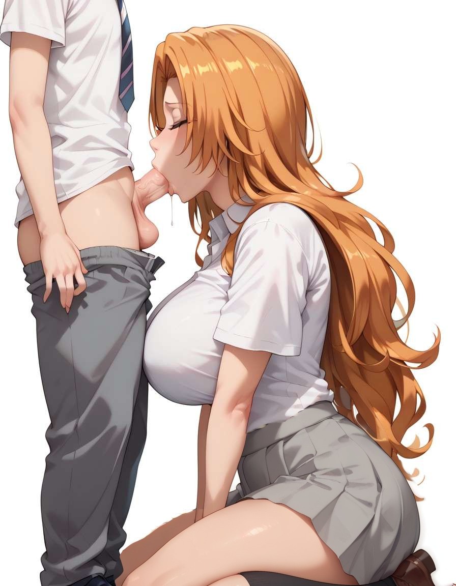 1boy, 1girls, ai generated, balls, big breasts, bleach, blowjob, breasts, eyes closed, fellatio, female, long hair, male, matsumoto rangiku, mature female, milf, on knees, oral, orange hair, penis, school uniform, schoolgirl, shirt, skirt, socks, testicles