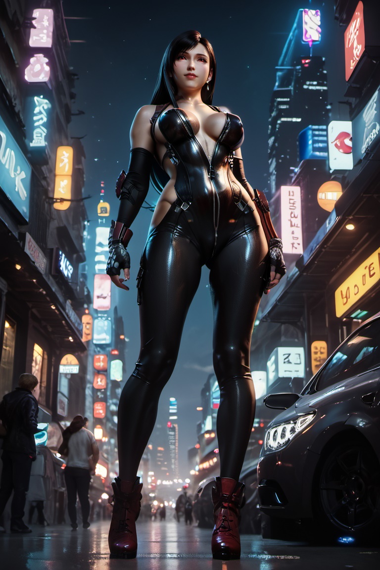 1girls ai_generated bodysuit cosplay cyberpunk_background eve_(stellar_blade)_(cosplay) female final_fantasy_vii from_below full_body public rekcah_mhf revealing_clothes sideless_outfit solo_focus stellar_blade street tifa_lockhart zipper