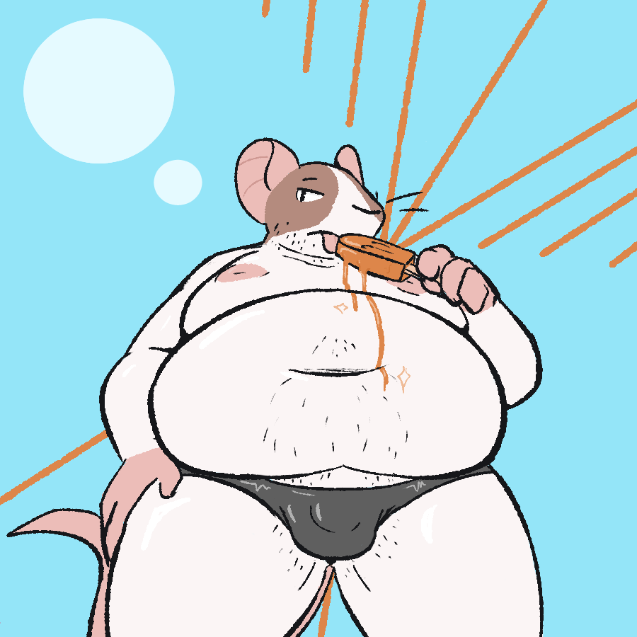 2024 ambergate anthro belly big_belly brown_body bulge clothing food male mammal moobs mouse murid murine navel nipples overweight popsicle popsicle_melting rodent solo tongue tongue_out underwear white_body