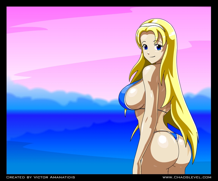 big_breasts big_butt bikini blonde_hair blue_eyes breasts female flash headband showing_ass side_view ucogi