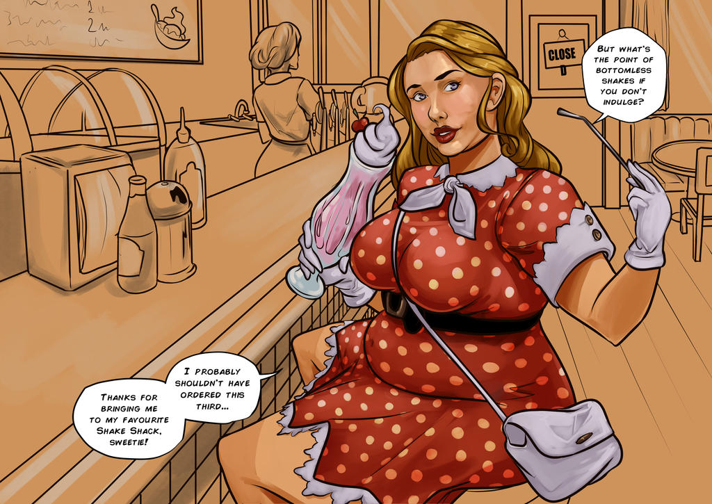 2022 2girls 60's_theme background_character belly_button blonde_female blonde_hair chubby chubby_belly chubby_female diner extrabaggageclaim housewife looking_at_viewer milf milkshake red_dress talking_to_partner talking_to_viewer text text_bubble weight_gain_sequence wife wife_and_husband