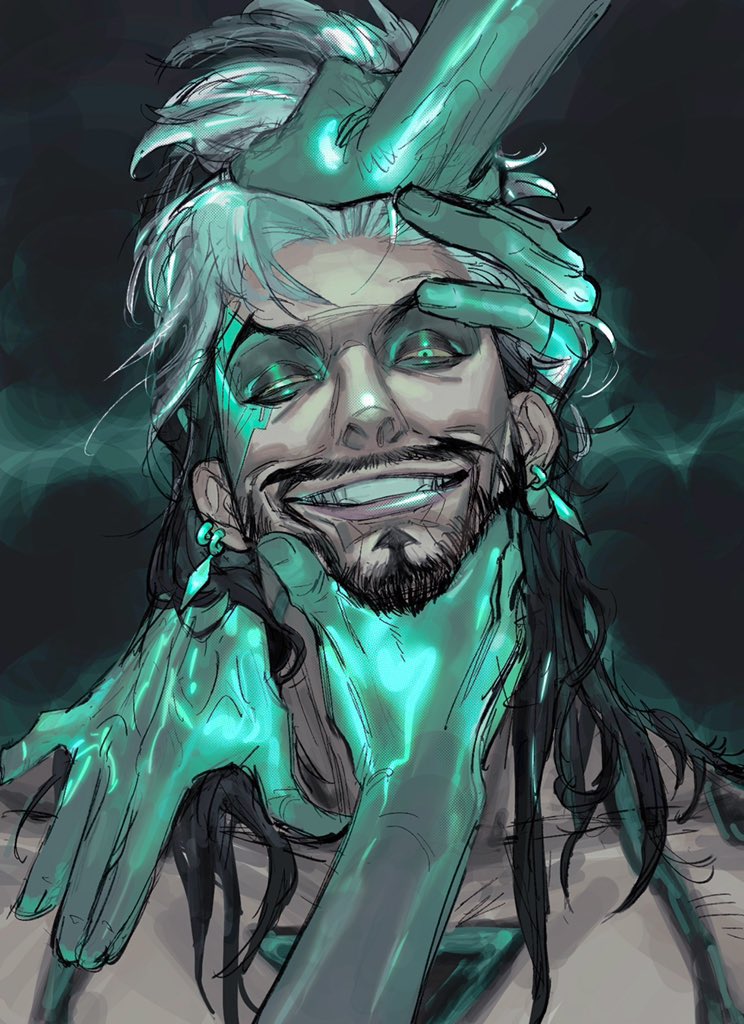 beard black_hair draven earrings grinning grinning_at_viewer hands league_of_legends league_of_legends:_wild_rift long_hair male masculine ruination ruined_draven solo solo_male white_hair xkov_(cerberuskeeper)