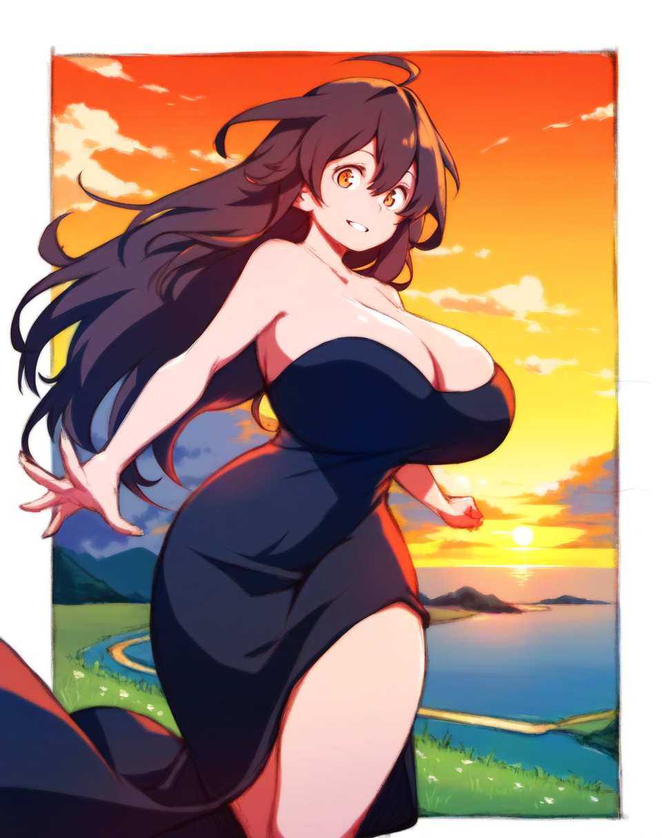 1girls ai_generated background black_dress breasts cattlec cleavage clothed_female corset dress hourglass_figure huge_ass huge_boobs huge_breasts legs long_hair original_character revealing_clothes side_slit smile sorceress_sophia sunset thick_thighs thighs voluptuous voluptuous_female wide_hips witch