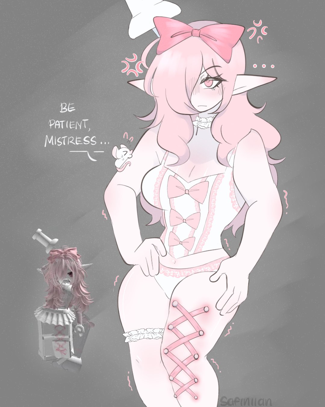 1girls, artist name, breasts, cleavage, clothing, elf, english text, female, long hair, pink hair, reference image, roblox, roblox avatar, robloxian, safi (safiniian), safiniian, tagme, text, thighs, white skin