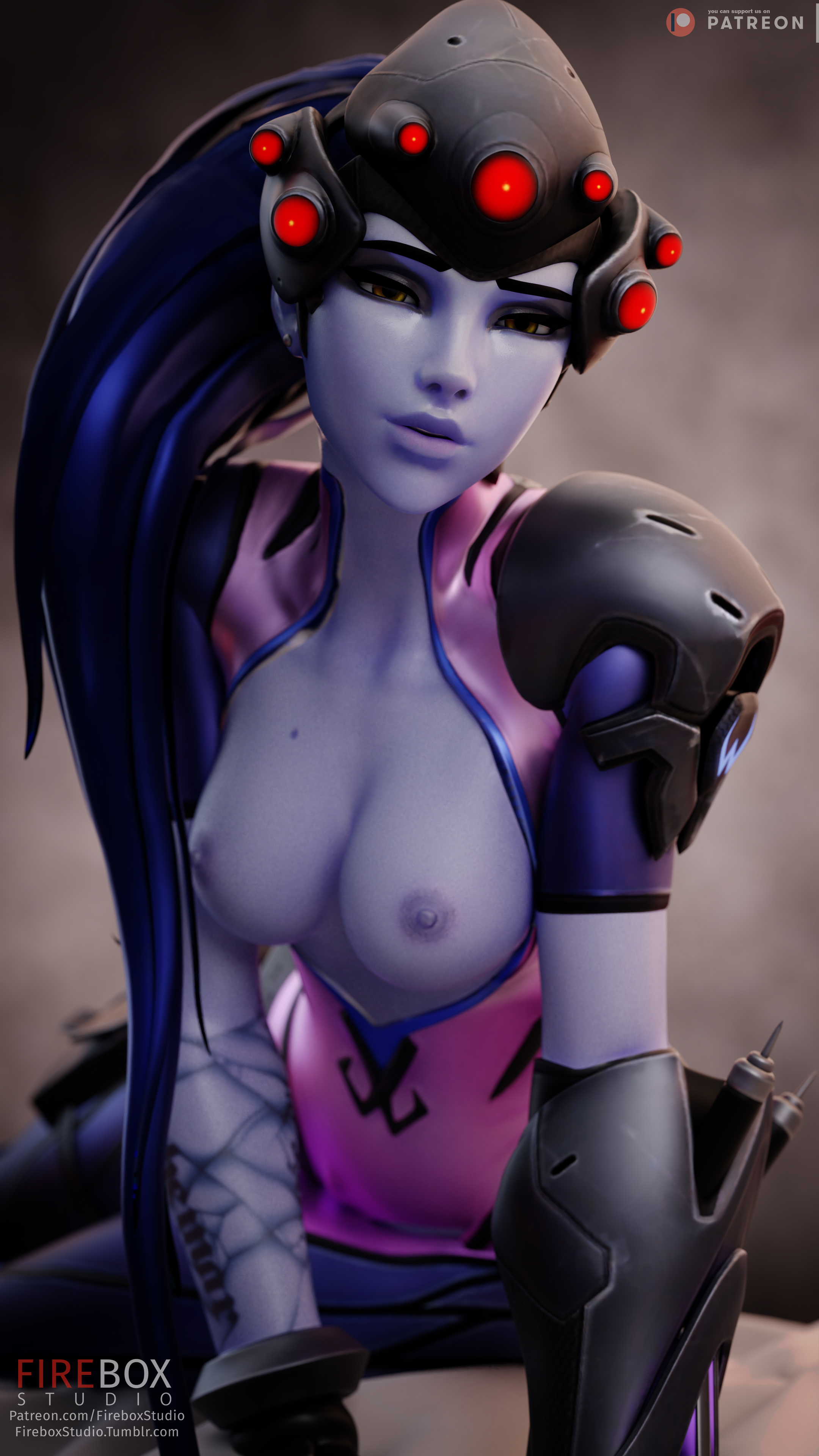 3d, amelie lacroix, areolae, blender, blizzard entertainment, breasts, female, female only, fireboxstudio, looking at viewer, nipples, overwatch, patreon username, solo, tumblr username, widowmaker