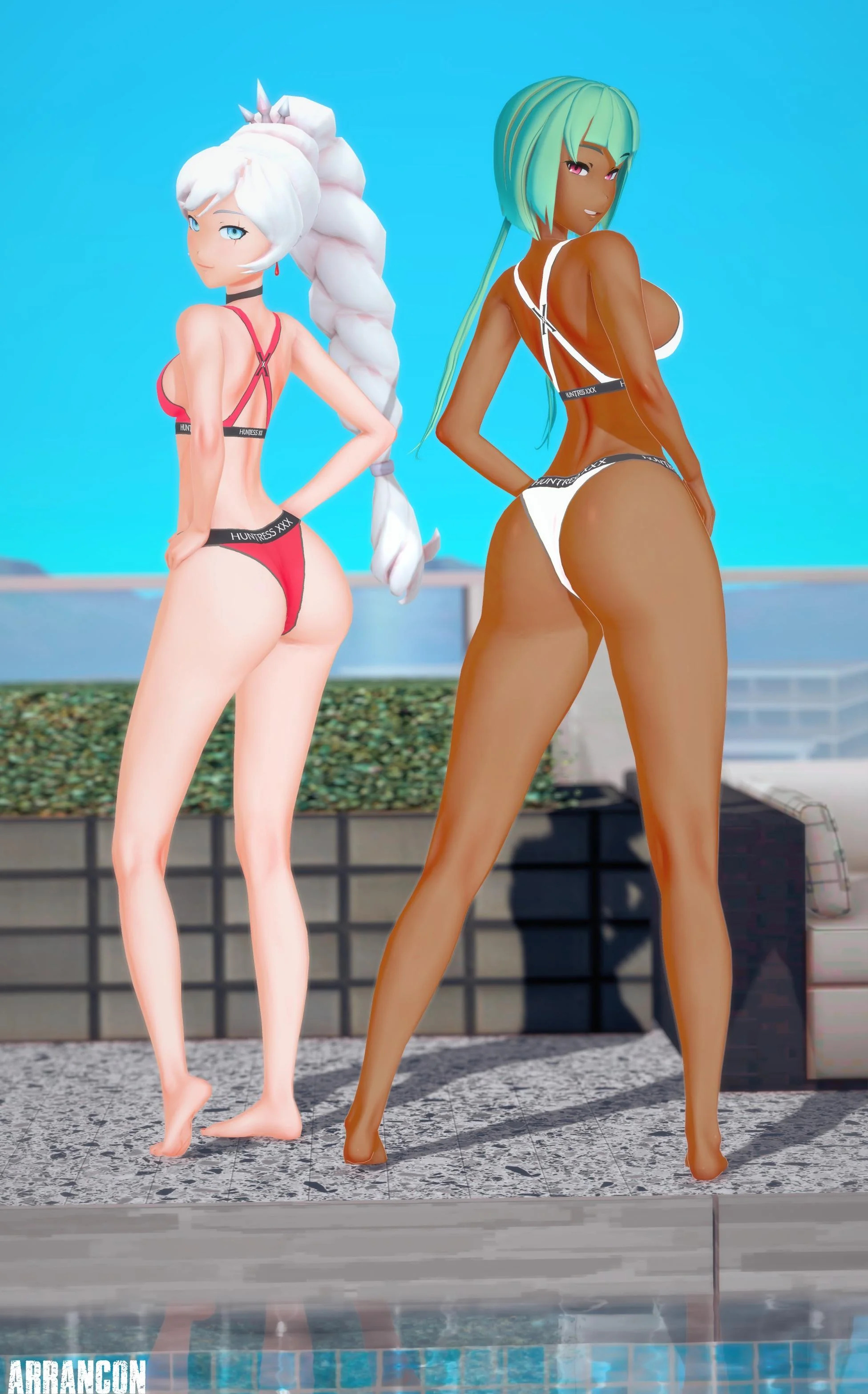 2girls, arrancon, dark skin, dark-skinned female, emerald sustrai, female, female only, green hair, koikatsu, light-skinned female, multiple females, multiple girls, rwby, swimsuit, weiss schnee, white hair