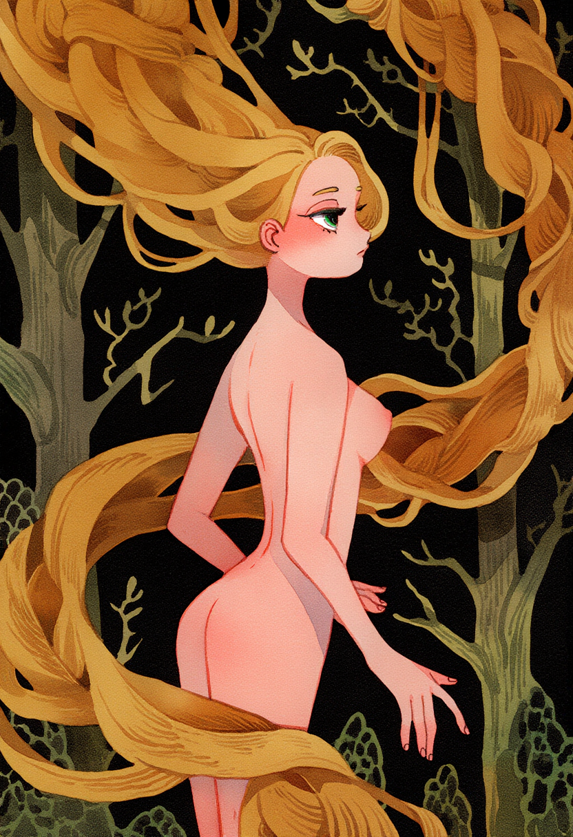 1girls ai_generated blonde_hair blooboo breasts disney disney_princess extremely_long_hair female forest forest_background green_eyes literature long_hair medium_breasts naked naked_female nipples nude public_domain rapunzel rapunzel_(tangled) sideboob skinny solo solo_female tagme tangled