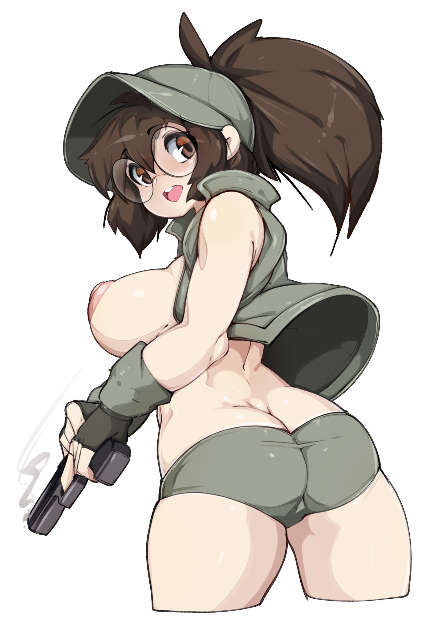 1girls, ass, big ass, big breasts, breasts, brown eyes, brown hair, female, female only, fio germi, gun, long hair, looking at viewer, looking back, metal slug, nipples, ponytail, slugbox, smile, solo, solo female, solo focus, thick thighs