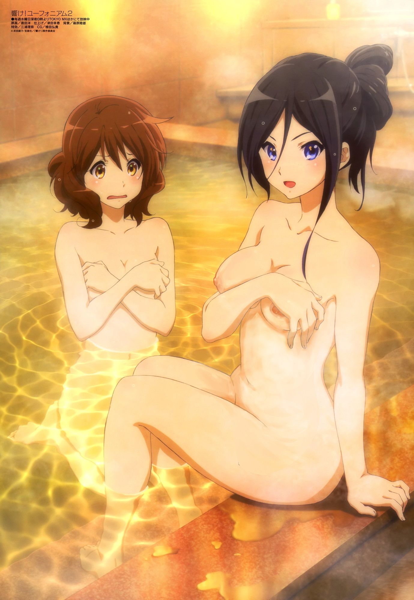 2girls, ass, bare legs, bath, big breasts, blush, breasts, brown eyes, brown hair, collarbone, covering, female, hibike! euphonium, kousaka reina, legs, long hair, multiple females, multiple girls, naked, nipples, nude, oumae kumiko, ponytail, purple eyes, purple hair, short hair, sitting, small breasts, water