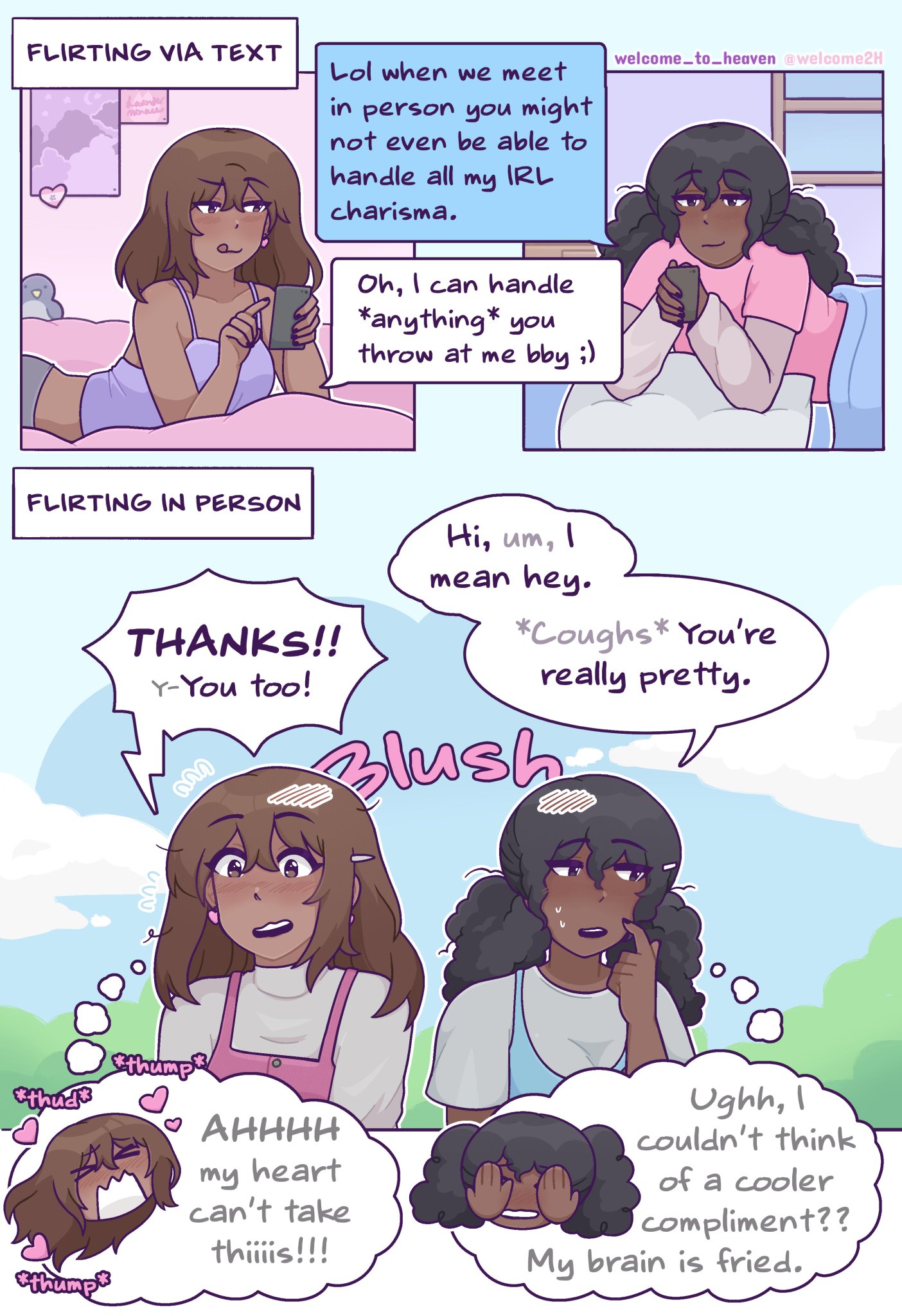 ;), 2girls, bedroom, black hair, blush, brown eyes, brown hair, comic, comic page, confident, dark skin, dark-skinned female, embarrassed, english text, female, female only, flirting, flustered, gay panic, heart, indoors, long hair, looking away, medium hair, nervous, outdoors, phone, rizz, shy, smug, speech bubble, sweating, text, texting, thought bubble, welcome to heaven, yuri