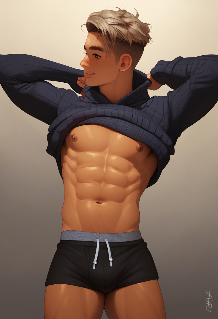 1boy 2024 abs ai_generated athletic_male avaru blonde_hair blue_eyes human human_only lifting_shirt lifting_sweater male male_focus male_only muscular muscular_male navel nipples short_shorts shorts simple_background smile smiling tagme tan_body undercut