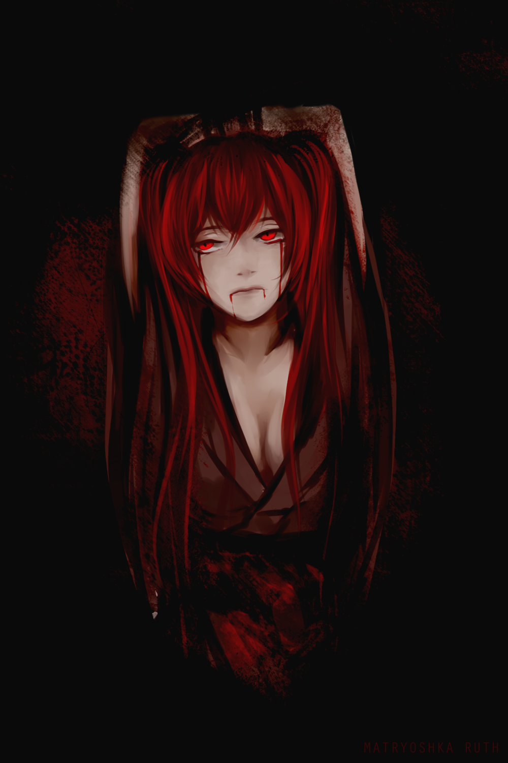 1girls akari_oborodzuka arms_up blood blood_from_eyes blood_from_mouth bondage bound bound_arms breasts cleavage closed_mouth dark female female_only hatsune_miku japanese_clothes kimono kitsune_no_yomeiri_(vocaloid) long_hair masa_works_design matryoshka-ruth medium_breasts oni_to_kitsune_no_hanashi red_eyes solo solo_female tagme twintails vocaloid wide_sleeves