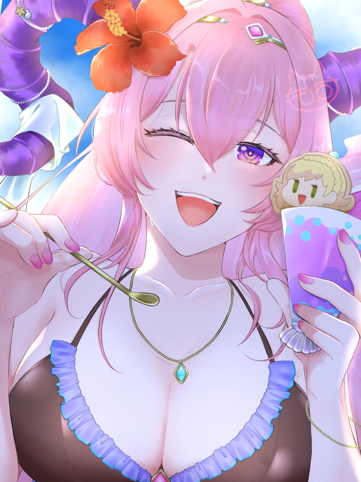 1girls ;d accessory alternate_costume bare_shoulders bikini black_bikini black_swimsuit breasts character-themed_food cleavage collarbone eyelashes female female_only fire_emblem fire_emblem_heroes flower food goat_horns hair_between_eyes hair_flower hair_ornament highres holding holding_food holding_ice_cream holding_spoon horns ice_cream jewelry large_breasts long_hair looking_at_viewer mochinyanta nail_polish necklace nerthuz_(fire_emblem) nerthuz_(summer)_(fire_emblem) nintendo official_alternate_costume one_eye_closed open_mouth outdoors pink_hair pink_nails ponytail purple_eyes sharena_(fire_emblem) shoulders smile solo spoon swimsuit teeth upper_body upper_teeth_only wet wink