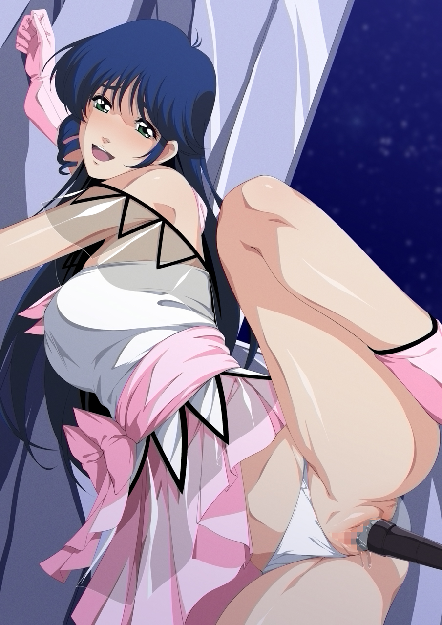 ass blue_hair censored choujikuu_yousai_macross clothing_aside female female_masturbation green_eyes highres long_hair lynn_minmay macross macross:_do_you_remember_love? masturbation mosaic_censoring object_insertion panties panties_aside pussy solo underwear vaginal_object_insertion vaginal_penetration white_panties yu-ta