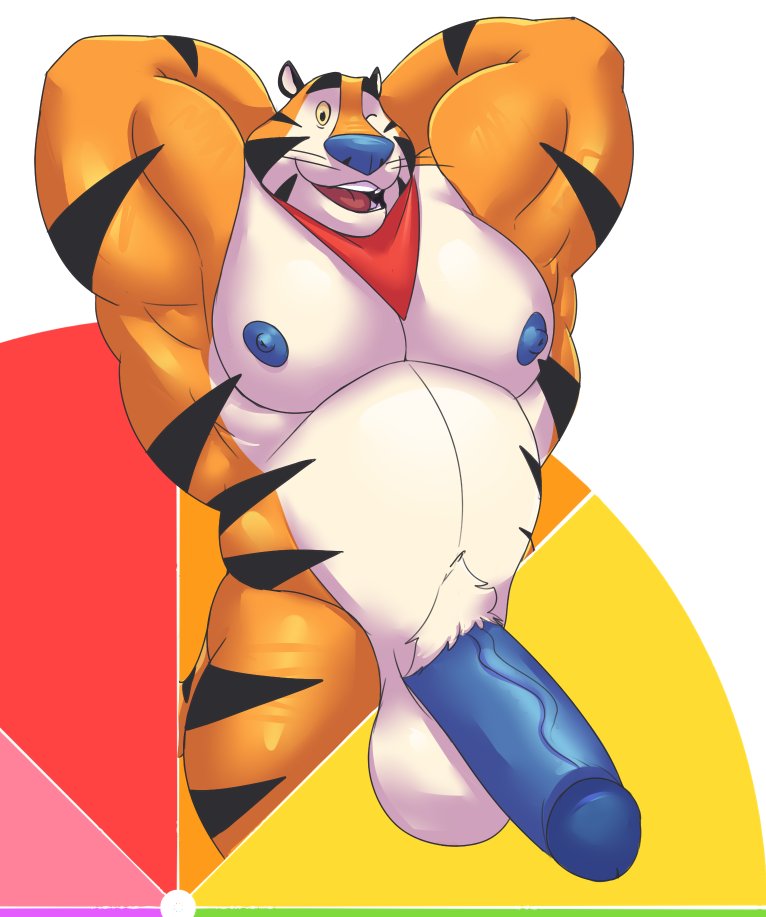 anthro balls bara boner color_wheel_challenge erection frosted_flakes furry hands_behind_head kellogg&#039;s male male_only muscles muscular nude one_eye_closed penis solo solo_male tiger tony_the_tiger unrealrui