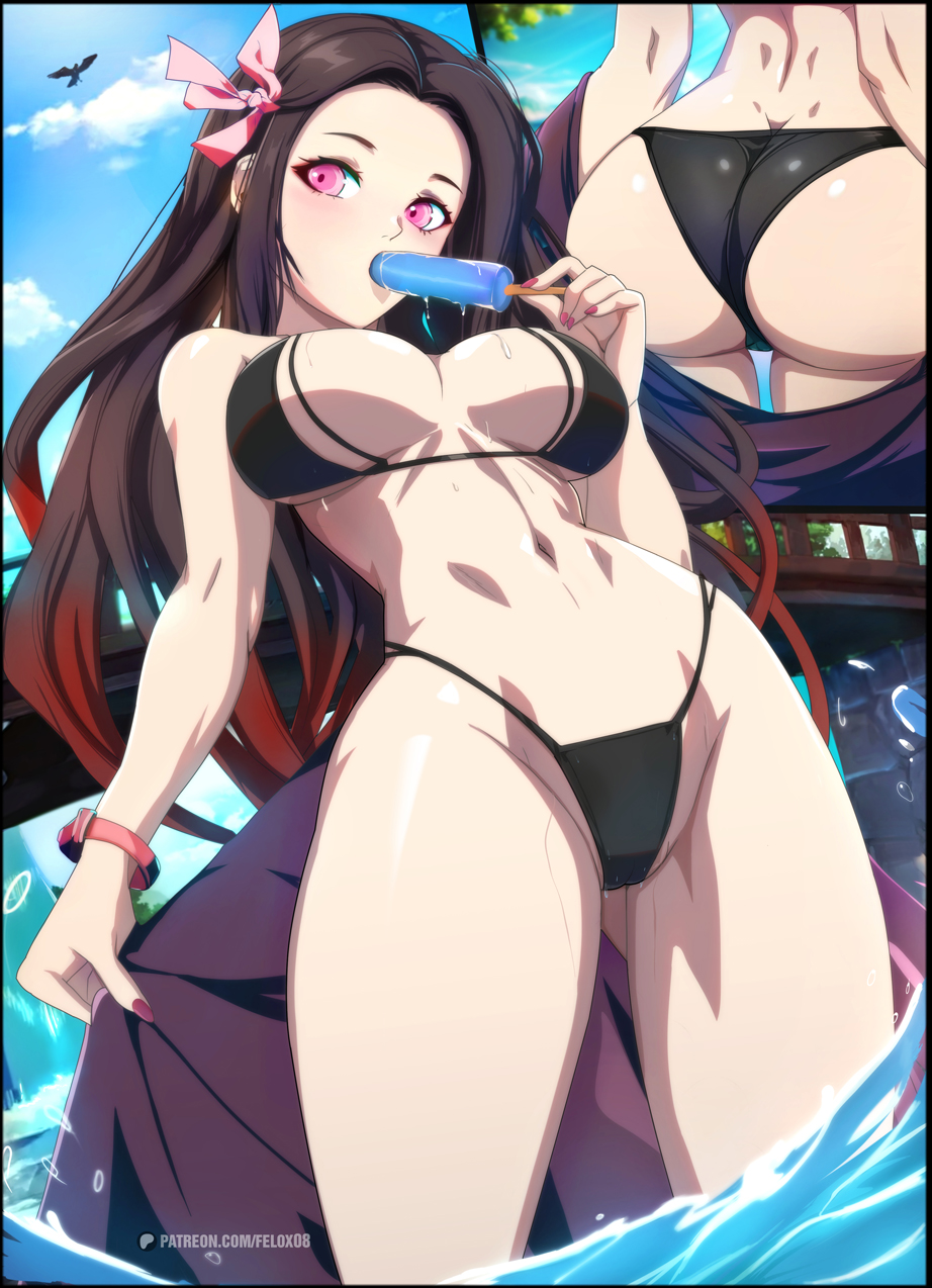 1girls, ass, bare arms, bare legs, bare shoulders, bare thighs, big ass, big breasts, big butt, bikini, bikini bottom, bikini top, black hair, black-haired female, blush, breasts, clothed, clothing, color, demon slayer, eating, felox08, female, female focus, female only, fit, fit female, food, hi res, kamado nezuko, large breasts, light skin, light-skinned female, long hair, looking at viewer, nezuko kamado, pink eyes, popsicle, solo, solo female, tagme, thick thighs, water, wet