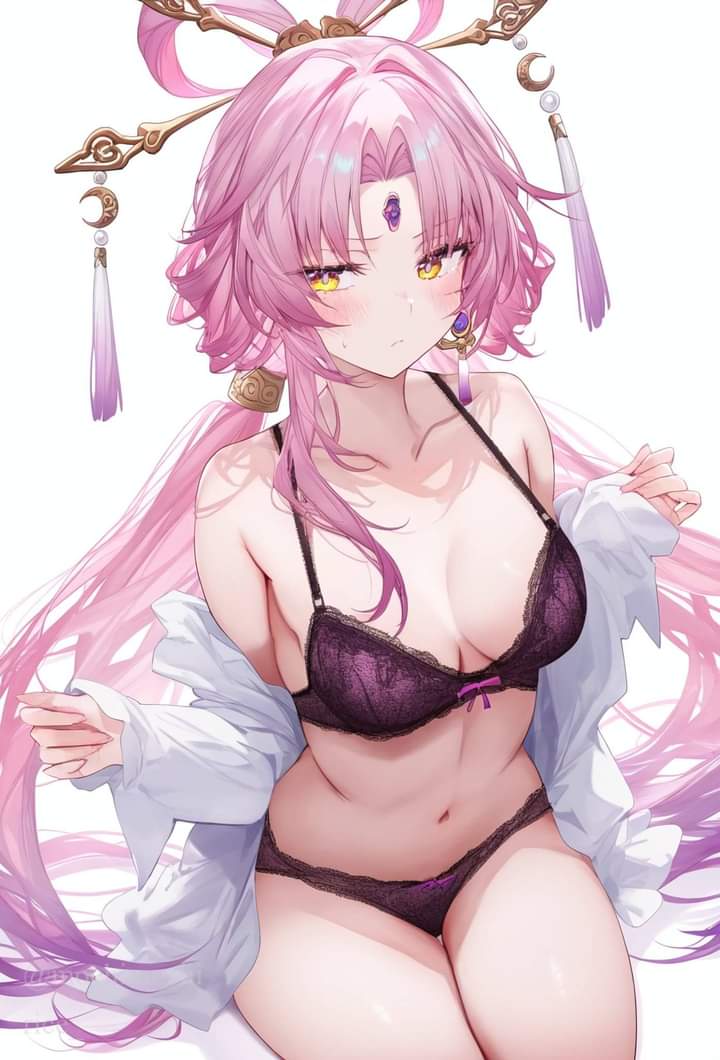 1girls bra fu_xuan_(honkai:_star_rail) glowing glowing_eyes honkai:_star_rail honkai_(series) inner long_hair nervous non-web_source open_clothes panties pink_hair shirt underwear undressing white_shirt