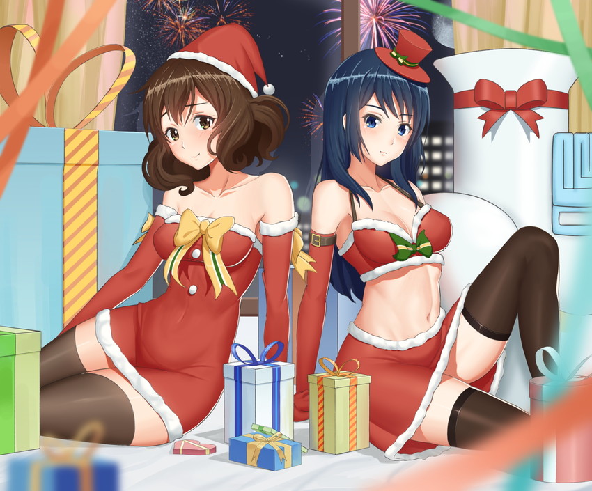 2girls black_hair black_legwear brown_eyes brown_hair clothing dress elbow_gloves fireworks gift gloves hat hibike!_euphonium kousaka_reina long_hair multiple_girls oumae_kumiko purple_eyes santa_costume santa_hat short_hair sitting skirt thighhighs