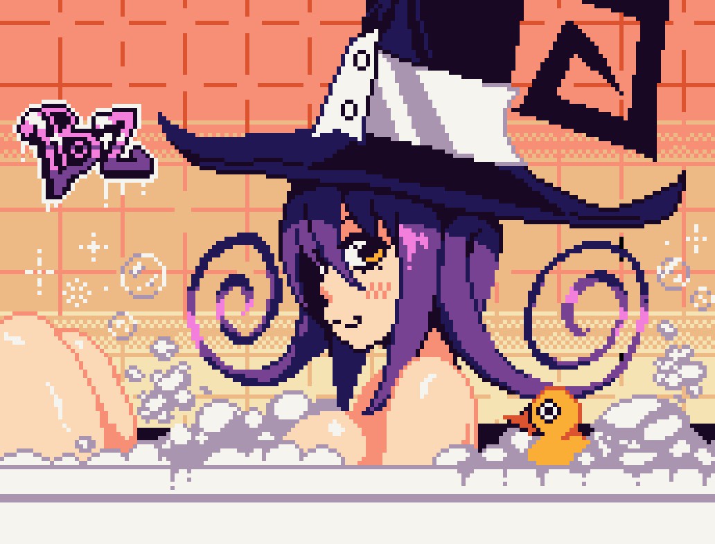 1girls, 2d, artist logo, bath, bathroom, bathtub, blair (soul eater), blair human form (soul eater), bonkez, breast, bubble bath, in bathtub, looking at viewer, nude, nude female, obscured nipples, pixel (artwork), pixel art, purple hair, purple hair female, purple-haired female, rubber duck, soul eater, witch hat