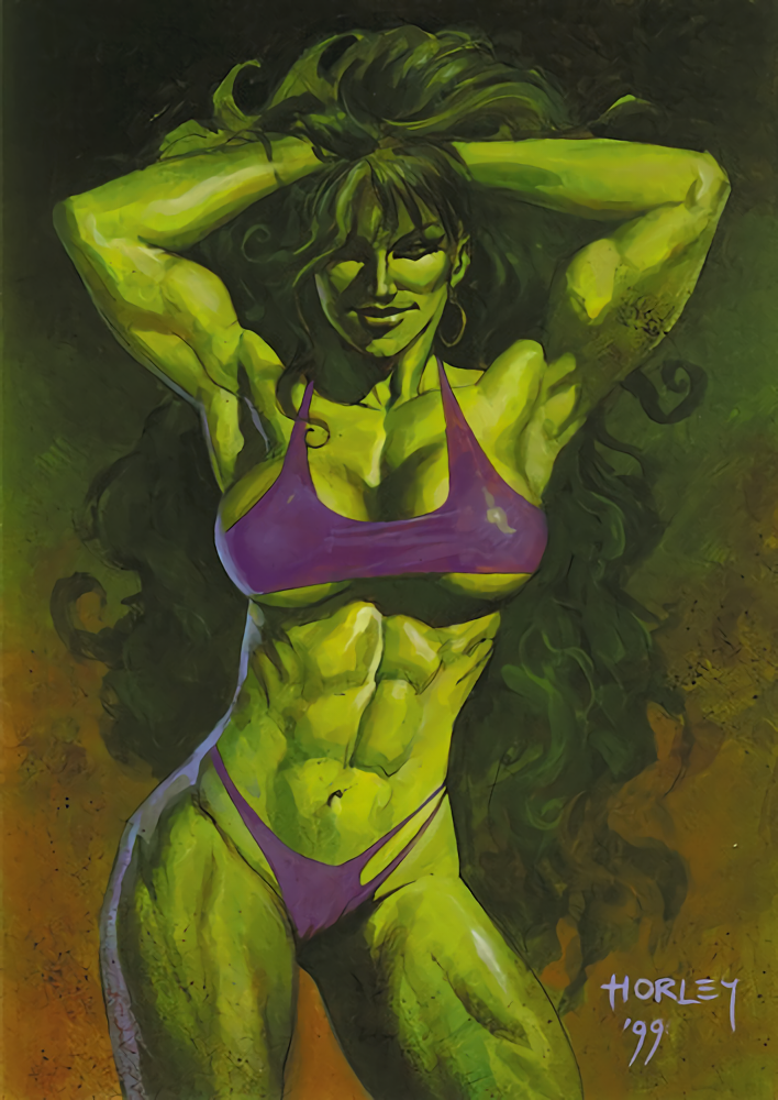 1990s 1999 1girls 20th_century abs alex_horley armpits arms_behind_head biceps big_breasts bikini cleavage clothed clothed_female clothes clothing dark_hair earrings facing_viewer female female_only green_eyes green_hair green_skin hair hoop_earring hulk_(series) long_hair looking_at_viewer marvel marvel_comics muscles muscular muscular_female navel pose sexy_armpits she-hulk solo standing thighs uncensored underboob very_long_hair