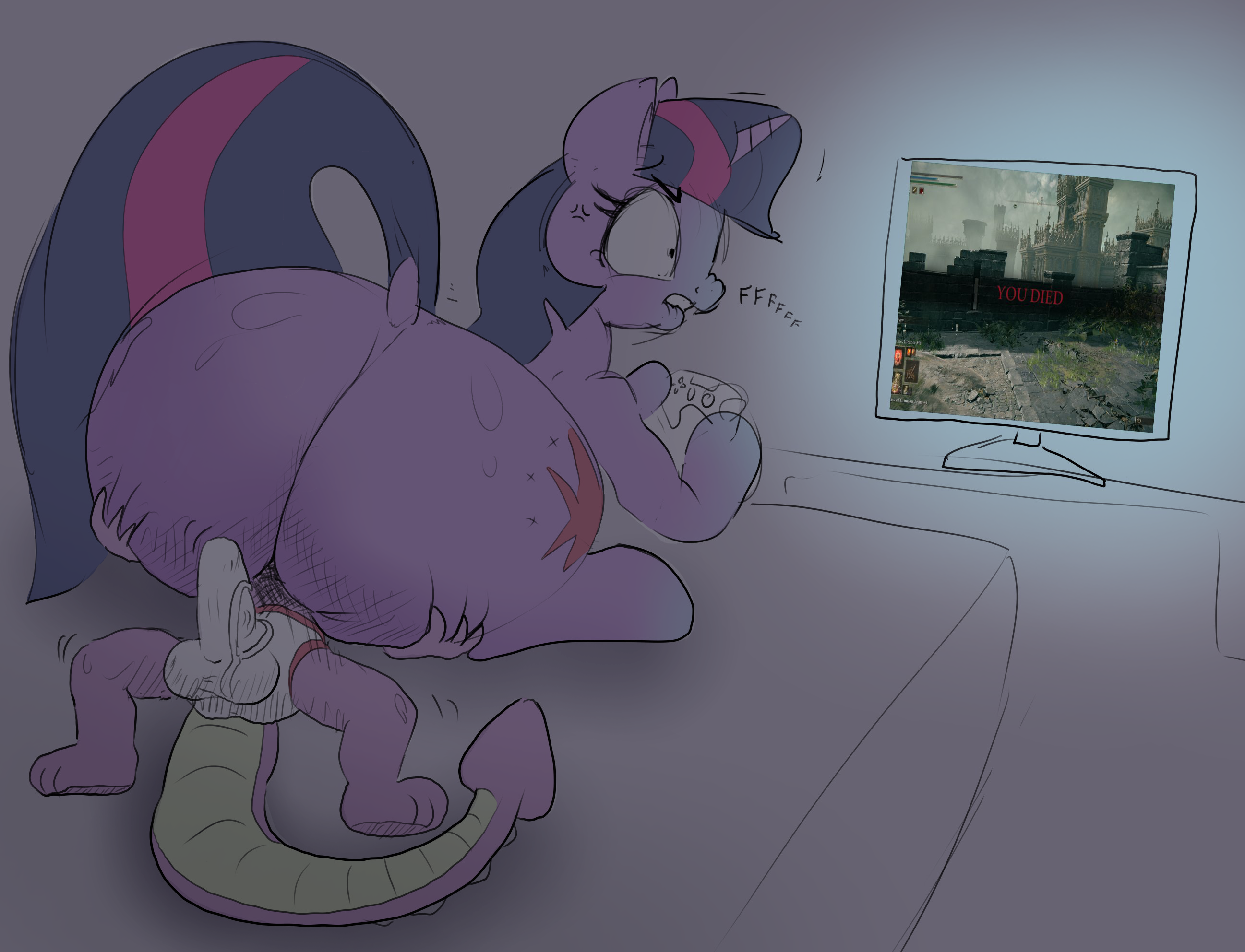1boy, 1girls, ass, ass bigger than head, big ass, butt focus, color, color edit, colored, colored sketch, coloring, colorized, colorshun, female/male, friendship is magic, hasbro, male, male/female, my little pony, parumpi, pony, sitting, sitting on person, spike (mlp), twilight sparkle (mlp)