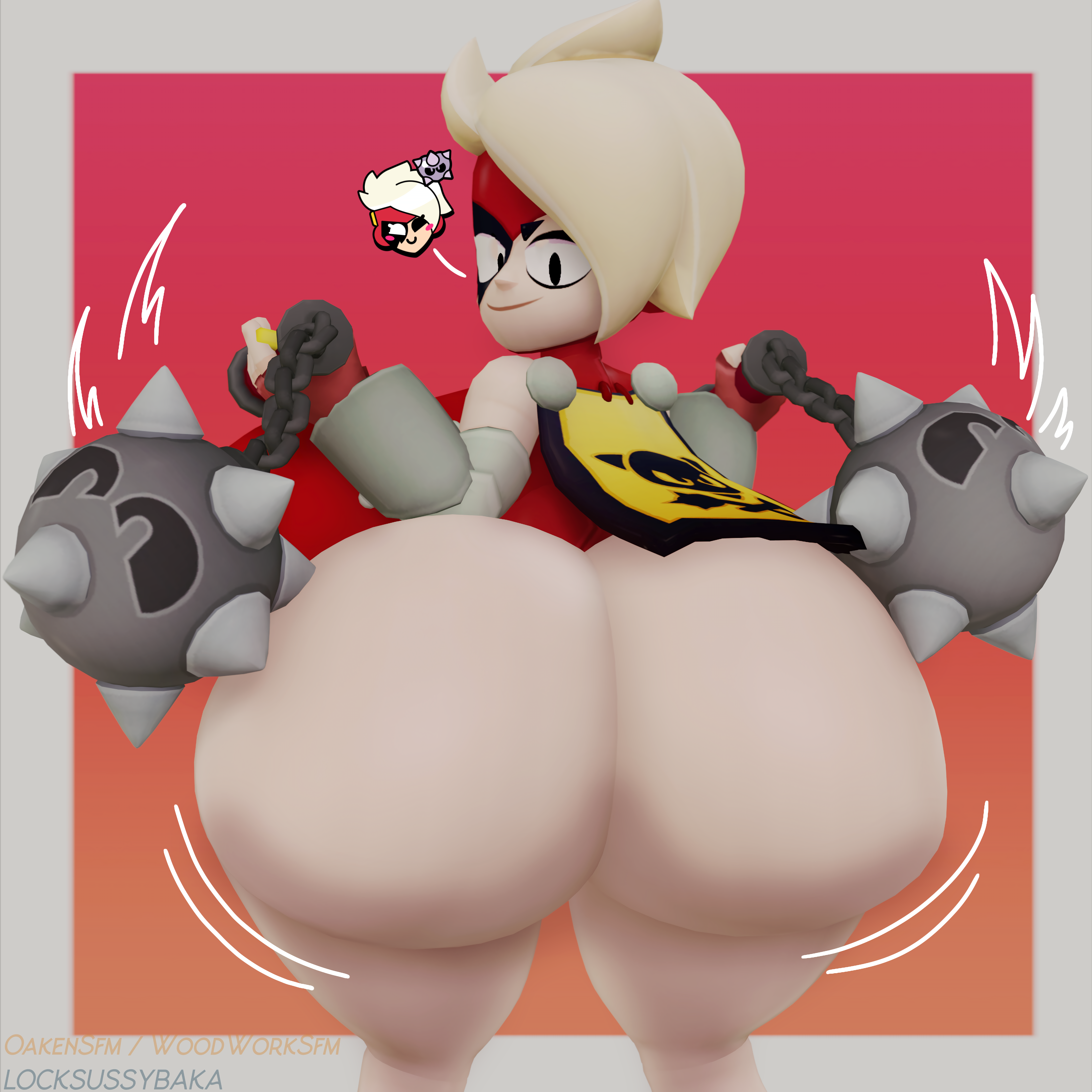 art trade, ass, ass bigger than head, ass focus, big ass, brawl stars, emote, hyper ass, jiggle, locksussybaka, lumi (brawl stars), morning star (weapon), oakensfm, sideboob, smirk, supercell, thighs, wiggle lines, woodworksfm