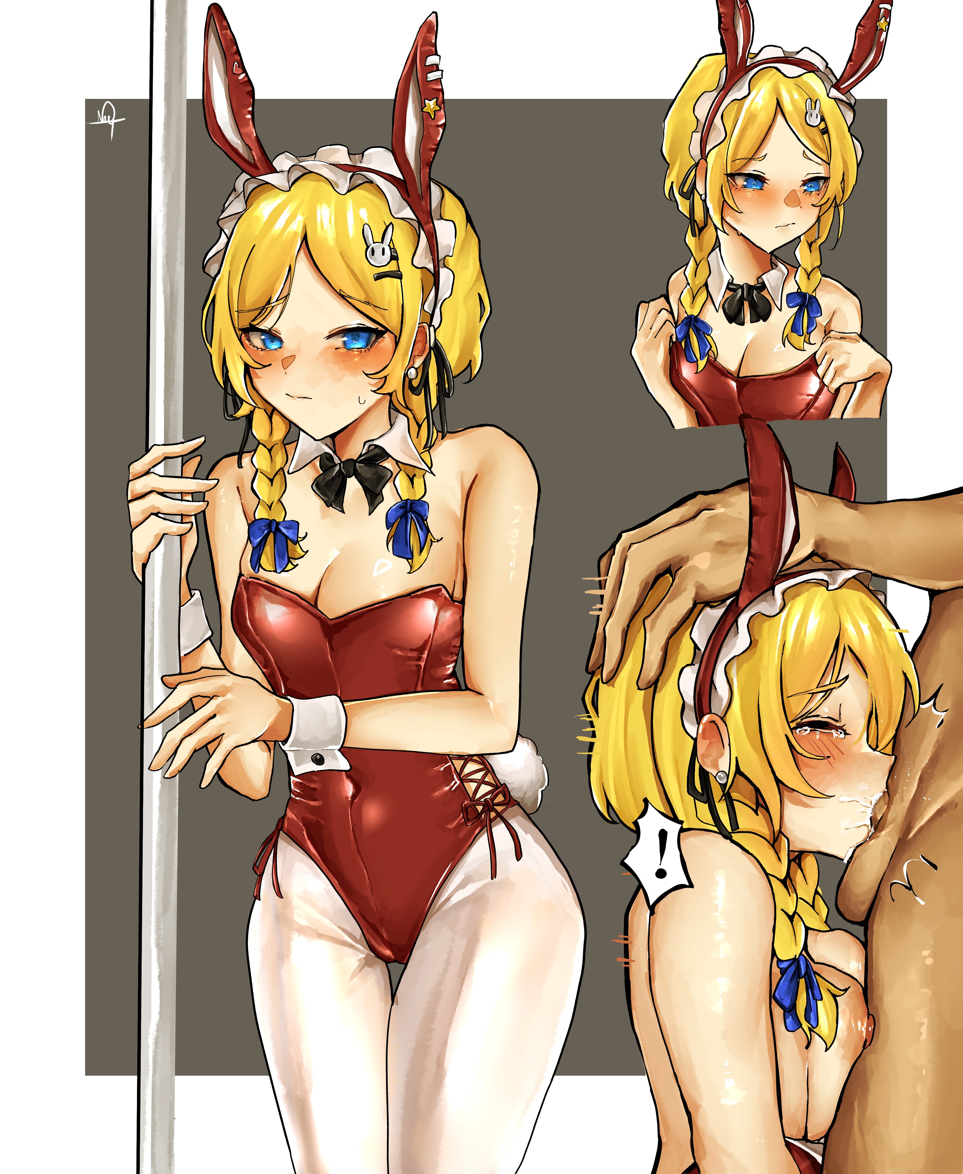 1boy, 1girls, absurd res, all the way to the base, animal ear hairband, annie lester, balls deep, big penis, blonde hair, blowjob, blue eyes, blush, braid, braided twintails, breast press, breasts, bunny ears, bunny tail, bunnysuit, closed eyes, cum, cum in mouth, cum in throat, cum on face, cute, deepthroat, detached collar, face fucking, fake animal ears, female, female focus, gag, gagging, hand on head, head grab, highres, identity v, imminent deepthroat, imminent oral, irrumatio, kneeling, leotard, light-skinned female, medium breasts, nartless, nipples, oral, pantyhose, petite, playboy bunny, red leotard, seductive look, shy, simple background, skinny, slim, spoken exclamation mark, tears, testicles, throatpie, tight throat, twintails, white background, white pantyhose, worried, wrist cuffs