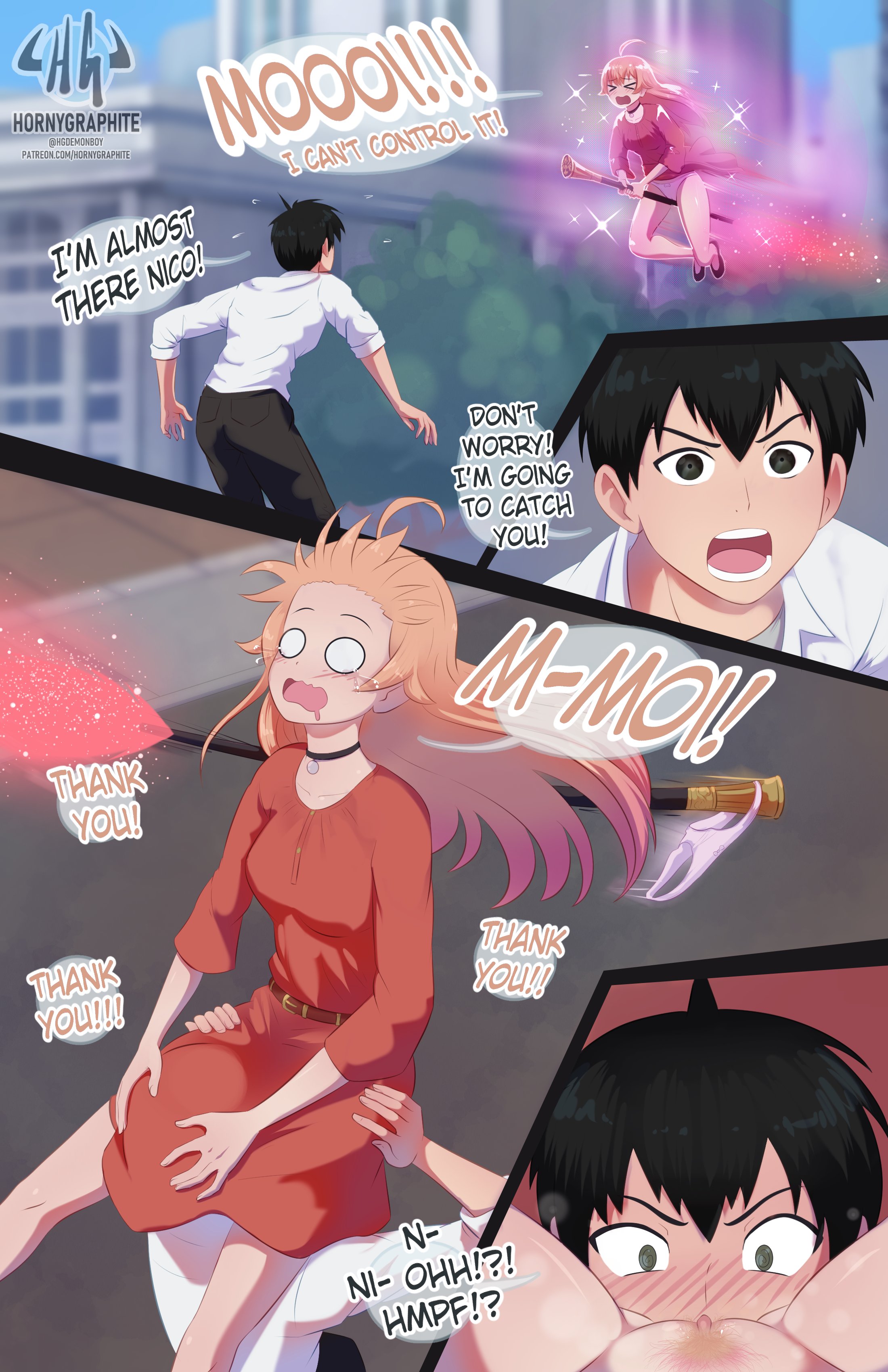 1boy, 1girls, black eyes, black hair, blonde hair, blush, choker, cunnilingus, dialogue, english text, female, flying, head under clothes, hornygraphite, long hair, male, morihito otogi, nico wakatsuki, purple highlights, pussy, speech bubble, very high resolution, witch watch