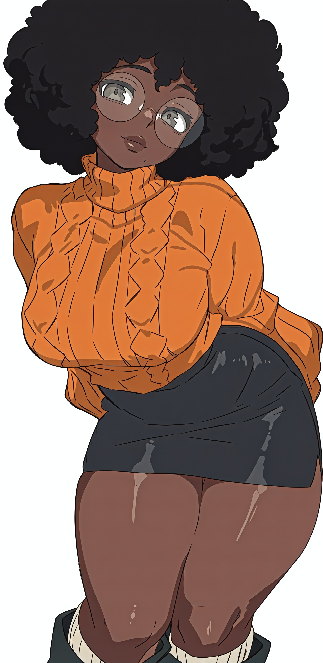 1girls, african female, afro, ai generated, beauty mark, big ass, big thighs, black hair, black woman, brown eyes, dark skin, dark-skinned female, female, female only, glasses, hands behind back, megane, mole, mole under mouth, original, original character, skirt, solo, solo female, sweater, thick, thick lips, thick thighs, thighs, turtleneck, turtleneck sweater