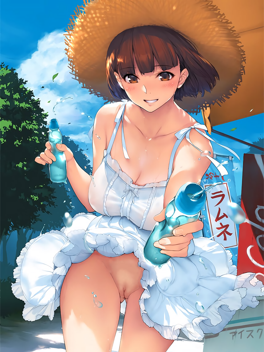 artist_name awning bangs banner blue_sky blunt_bangs blush bob_cut bottle bow bow_panties breasts brown_eyes brown_hair cleavage cloud collarbone dress dress_lift female gluteal_fold grin hands hat highres holding holding_bottle innie_pussy large_breasts leaf leaning_forward lips looking_at_viewer no_bra offering_drink original outdoors outstretched_arm panties pantyshot pantyshot_(standing) photoshop pink_panties pussy ramune sasaoka_gungu short_hair sky sleeveless sleeveless_dress smile solo spaghetti_strap spilling standing straw_hat sun_hat sundress sweat thigh_gap thighs tree uncensored underwear watermark white_dress wind wind_lift