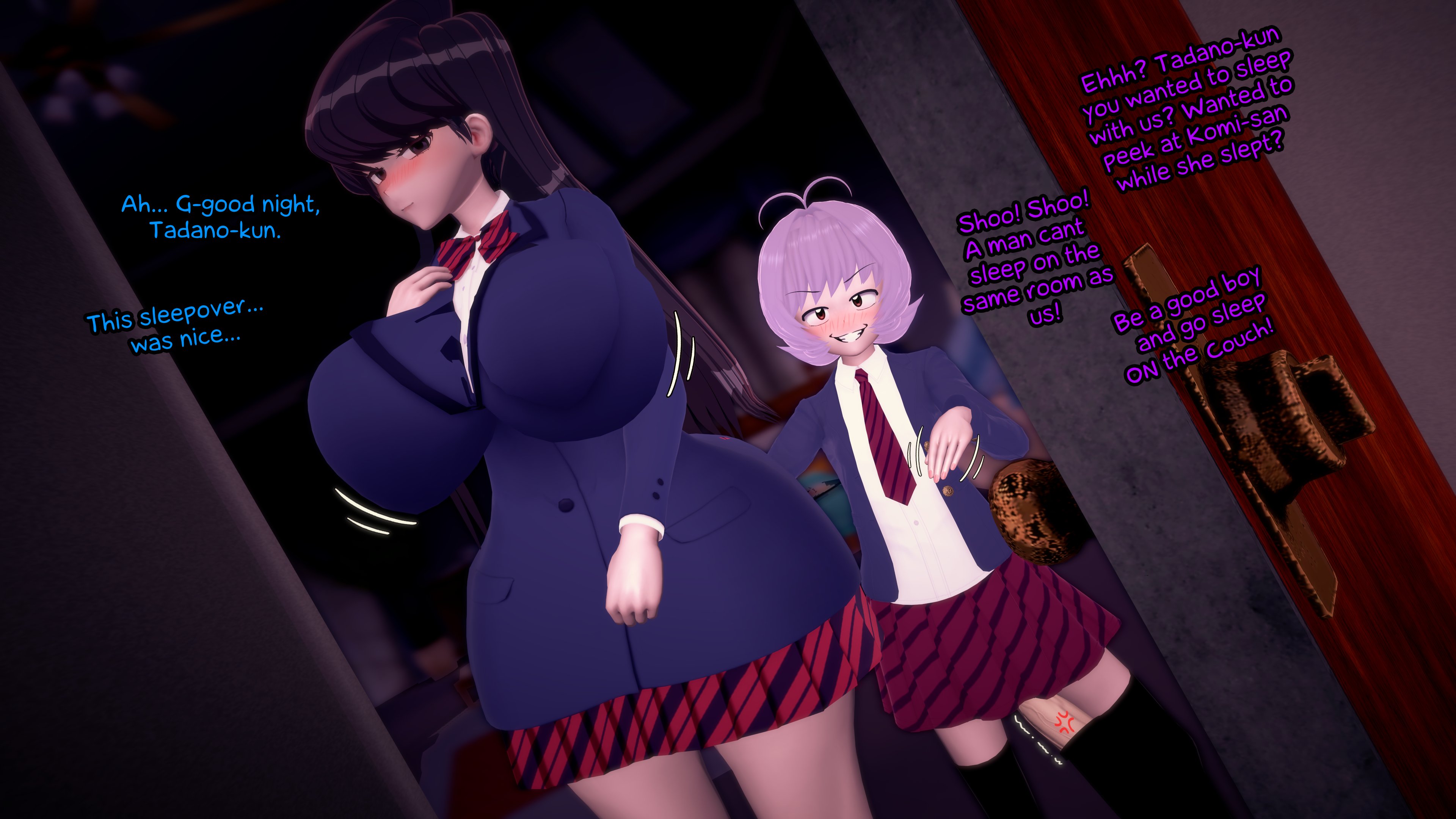 3d, baobabz, blush, breasts, cock in sock, cucked by femboy, cuckold, english, english dialogue, english text, female, femboy, femboy on female, koikatsu, komi shouko, komi-san wa komyushou desu, netorare, ntr, osana najimi, otoko no ko, smug face, text