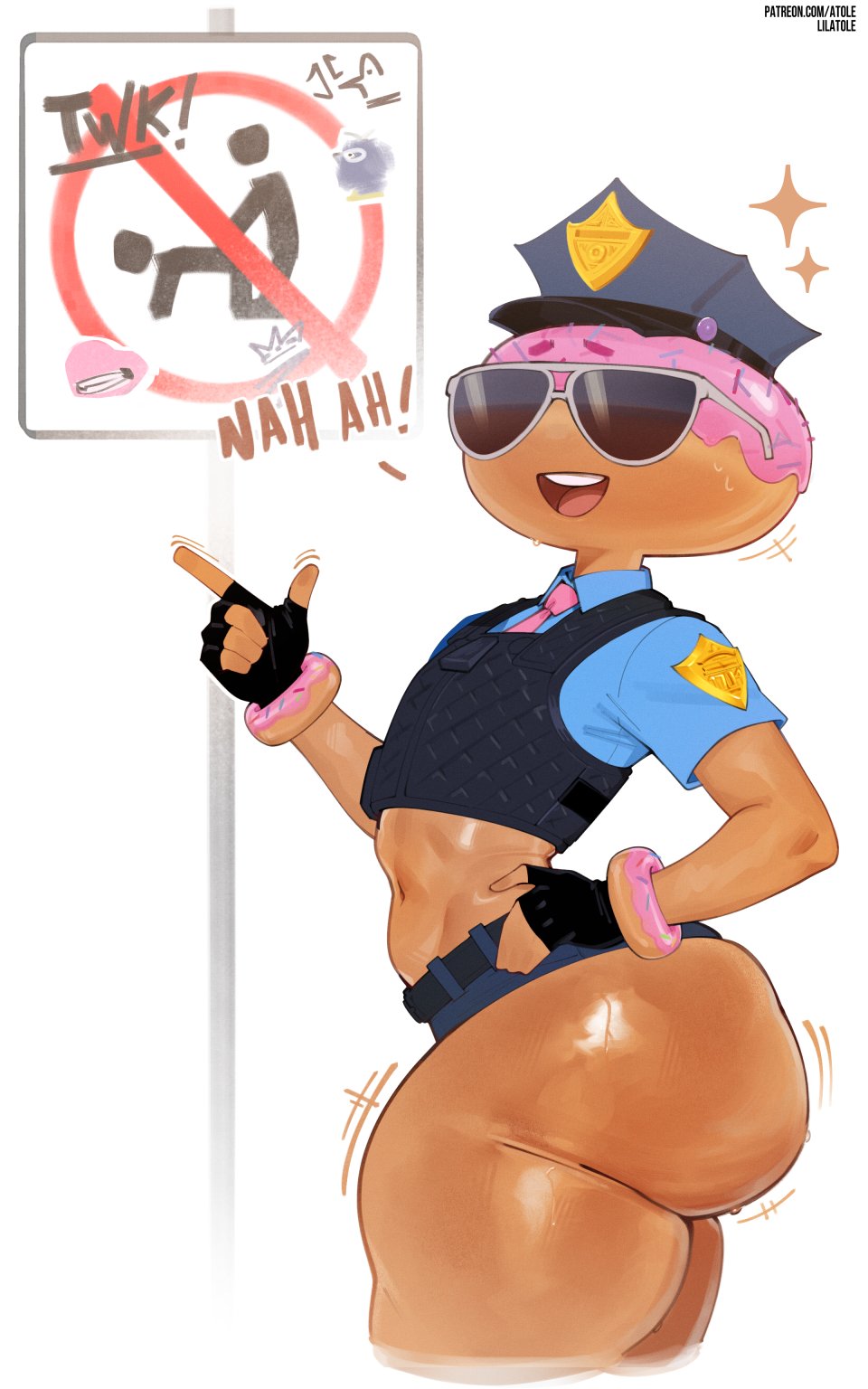 1girls, ass, big ass, big thighs, blue eyes, breasts, constable sprinkle, dialogue, female, food creature, fortnite, gigantic ass, gigantic thighs, huge ass, huge thighs, lilatole, looking at viewer, looking down at viewer, police, police uniform, small breasts, solo, solo female, sweatdrop, sweating, text, thick thighs, thighs