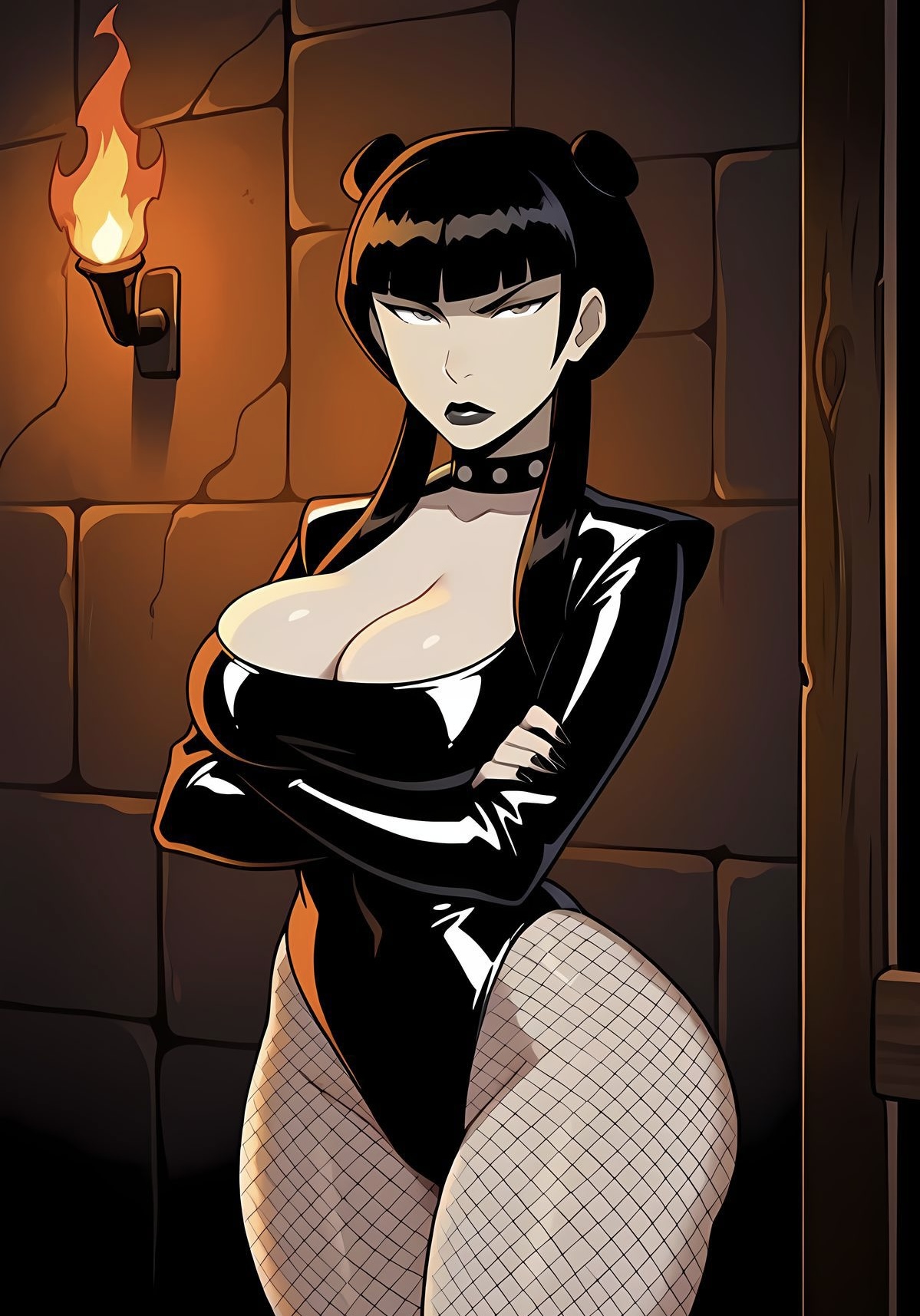 1girls, ai generated, annoyed, annoyed expression, avatar legends, avatar the last airbender, ayyaai, big ass, big breasts, black hair, black latex, black leotard, black lips, black lipstick, busty, busty female, child bearing hips, cleavage, collar, crossed arms, deep cleavage, dominatrix, dungeon, fat ass, fire, fishnet, fishnet legwear, fishnet stockings, fishnets, goth, goth girl, goth makeup, gothic, gothic girl, gothified, hourglass figure, hourglass figured female, huge breasts, large ass, large breasts, latex, latex suit, looking at viewer, looking back at viewer, mai (avatar), massive ass, pale skin, pale-skinned female, perfect ass, perfect body, perfect boobs, perfect legs, prison, small waist, solo, solo female, solo focus, spiked collar, thick ass, thick hips, thick legs, thick thighs, twintails, wide hips, wide thighs