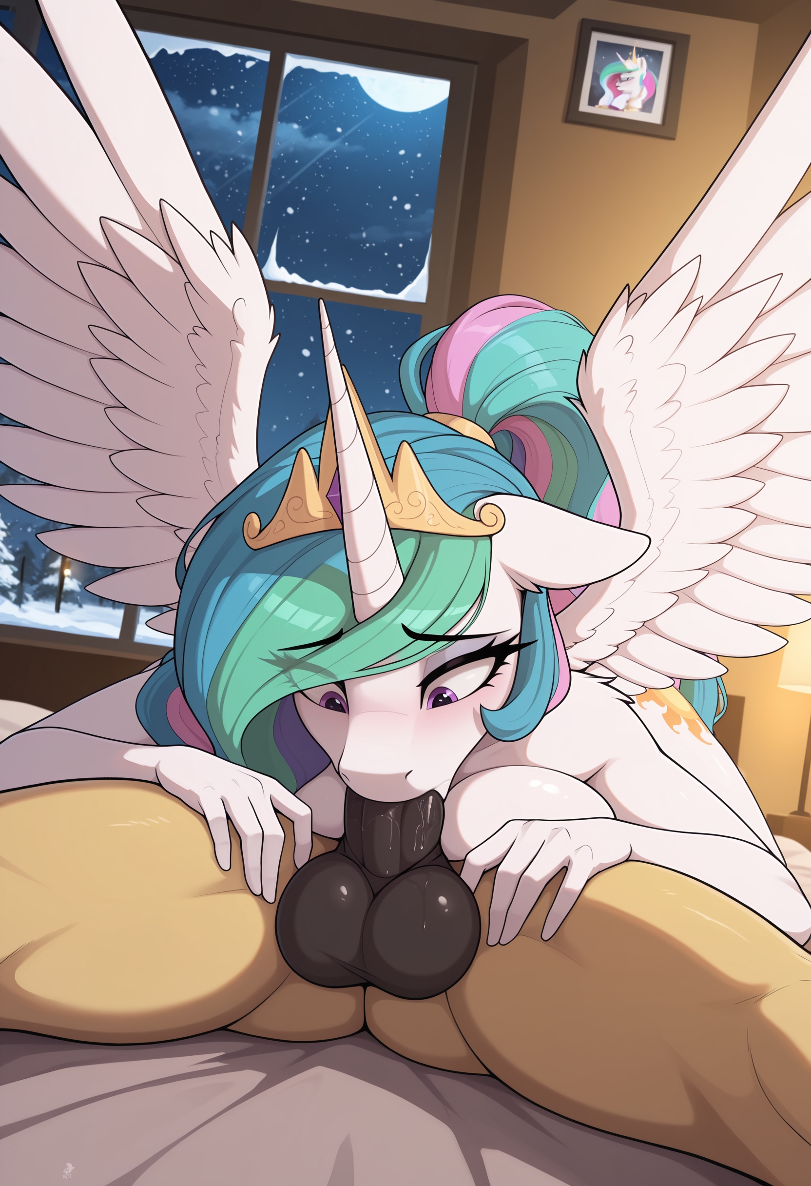 1boy, 69, 69 position, ai generated, anthro, balls, big penis, blowjob, cowgirl position, deepthroat, duo, fellatio, female, female focus, friendship is magic, furry, furry female, highres, liwih, my little pony, nude female, nude male, princess celestia (mlp), solo focus, straight, tagme