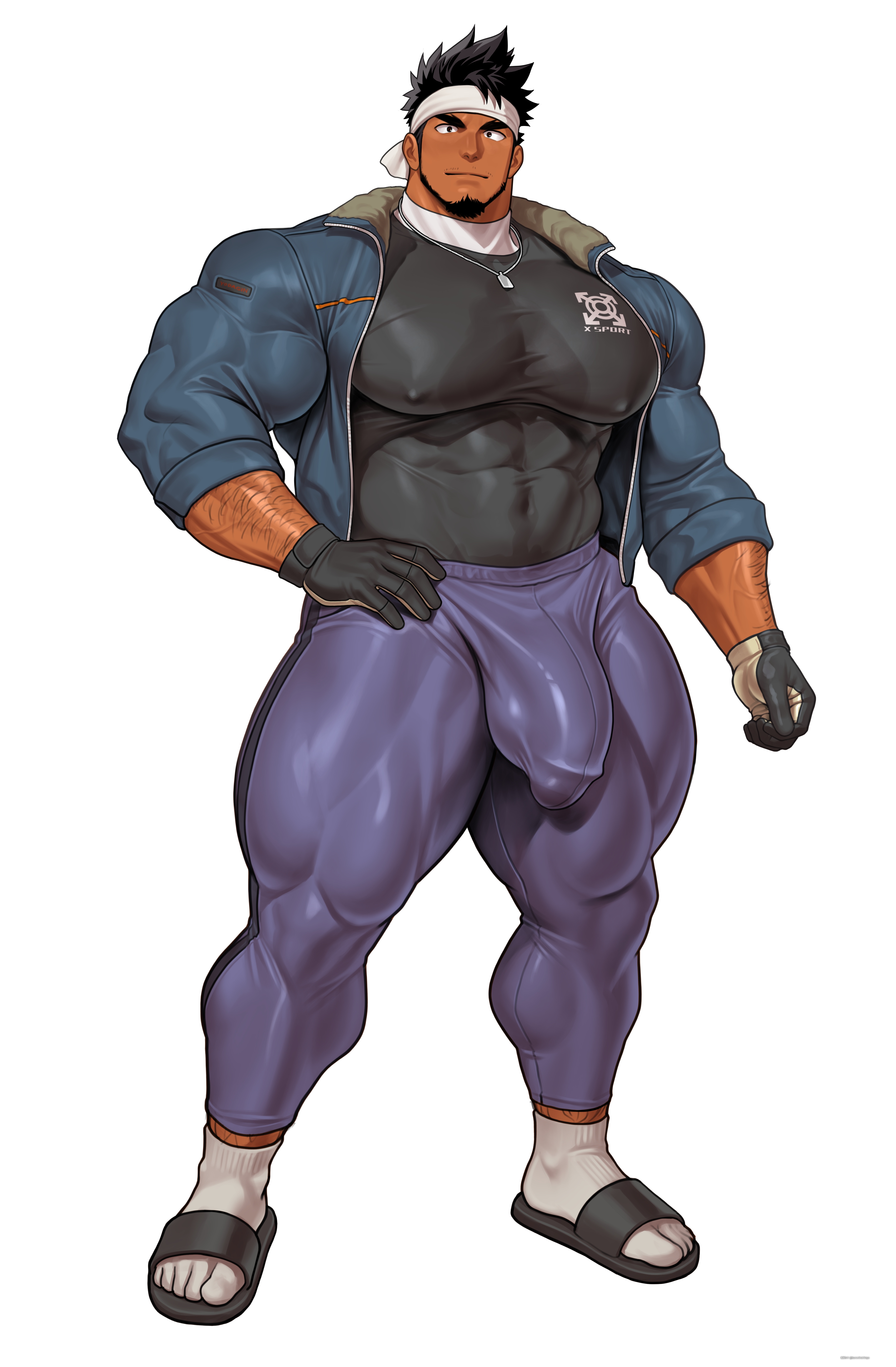 2025, abs, bara, biceps, big bulge, big muscles, big pecs, big penis, black hair, bodybuilder, bulge, censored, flaccid, highres, huge bulge, huge cock, kuromine hiraya, male, male only, muscles, muscular, muscular male, muscular thighs, pecs, penis, solo, solo male, tan skin, thick thighs, tight clothing, tight pants, veiny muscles, yaoi, yuatari