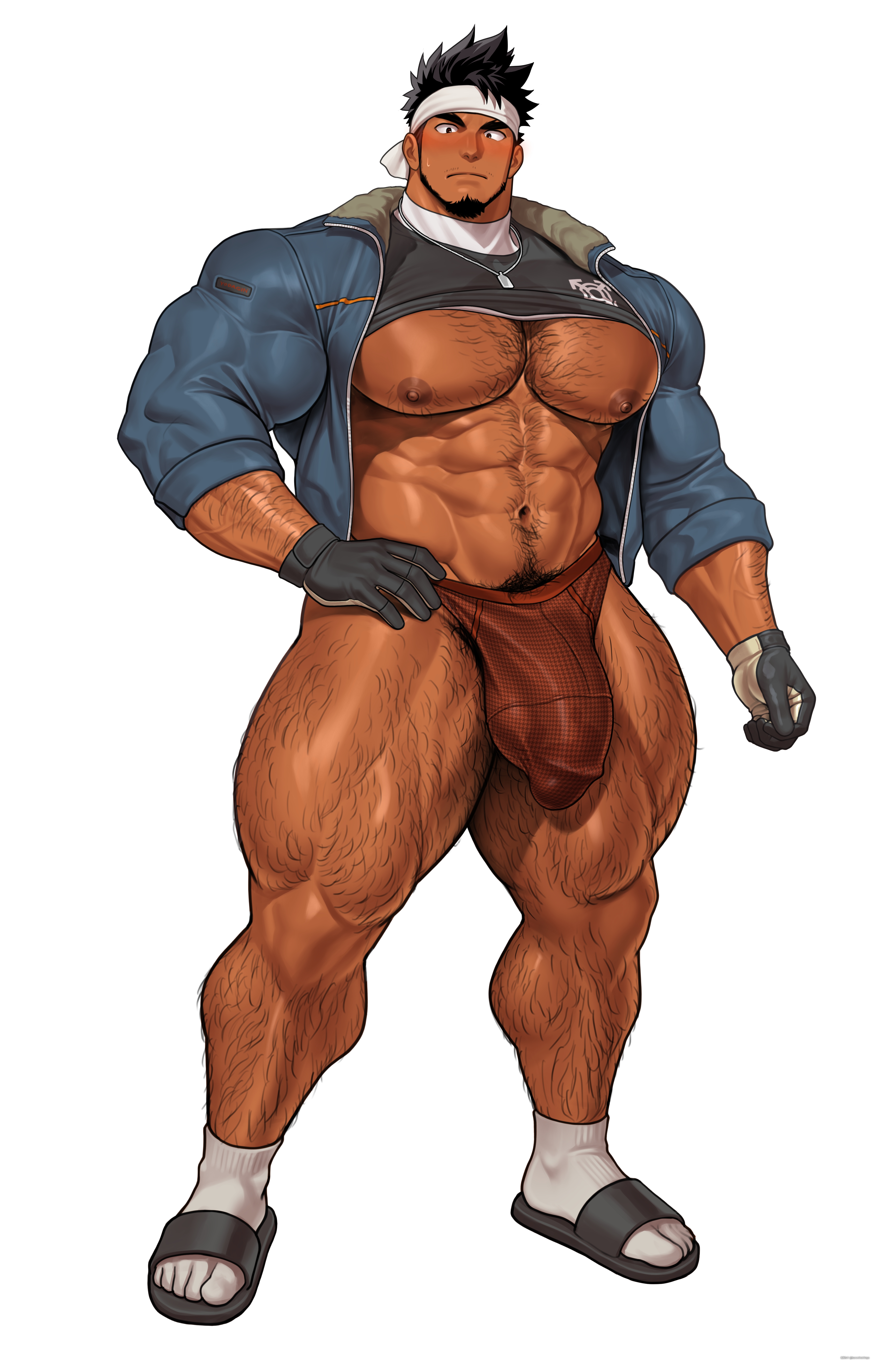 2025, abs, bara, biceps, big bulge, big muscles, big pecs, big penis, black hair, body hair, bodybuilder, briefs, bulge, censored, flaccid, hairy male, highres, huge bulge, huge cock, kuromine hiraya, male, male only, muscles, muscular, muscular male, muscular thighs, pecs, penis, shirt up, solo, solo male, tan skin, thick thighs, underwear, veiny muscles, yaoi, yuatari