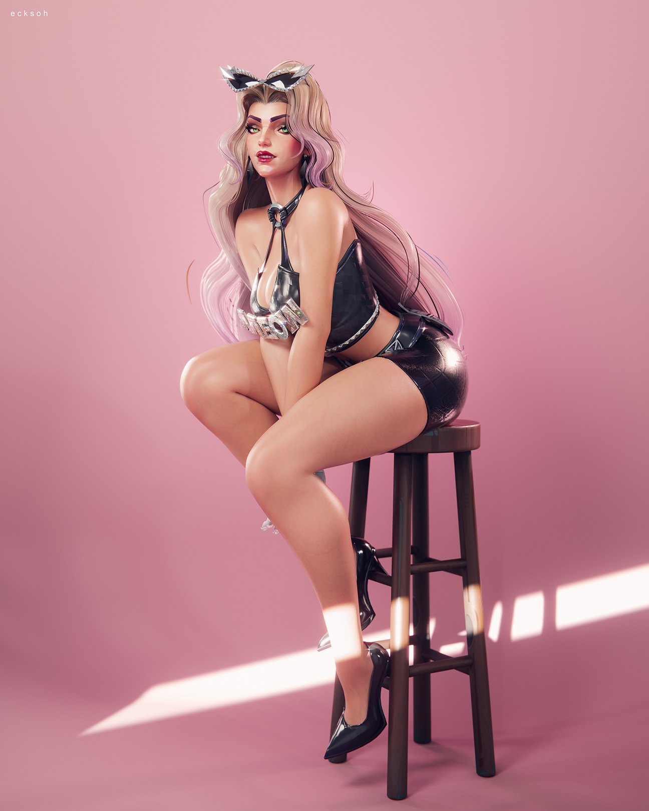 1girls, 2026, 3d, 3d (artwork), black cat (marvel rivals), black cat (marvel), black cat (urban predator), ecksoh, felicia hardy, female, female only, marvel, marvel comics, marvel rivals, modeling, sitting, solo, solo female, spider-man (series), stool, studio