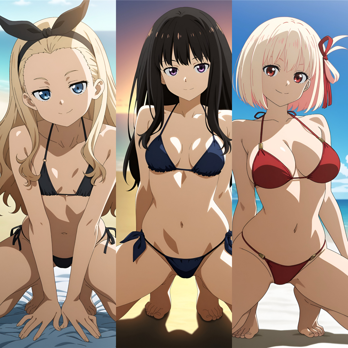 3girls, ai generated, bikini, black bikini, black hair, blonde hair, blue bikini, clothed, clothed female, duderu vanilla, female, female only, halter bikini, halterneck, inoue takina, kurumi (lycoris recoil), lycoris recoil, multiple girls, nishikigi chisato, red bikini, swimsuit