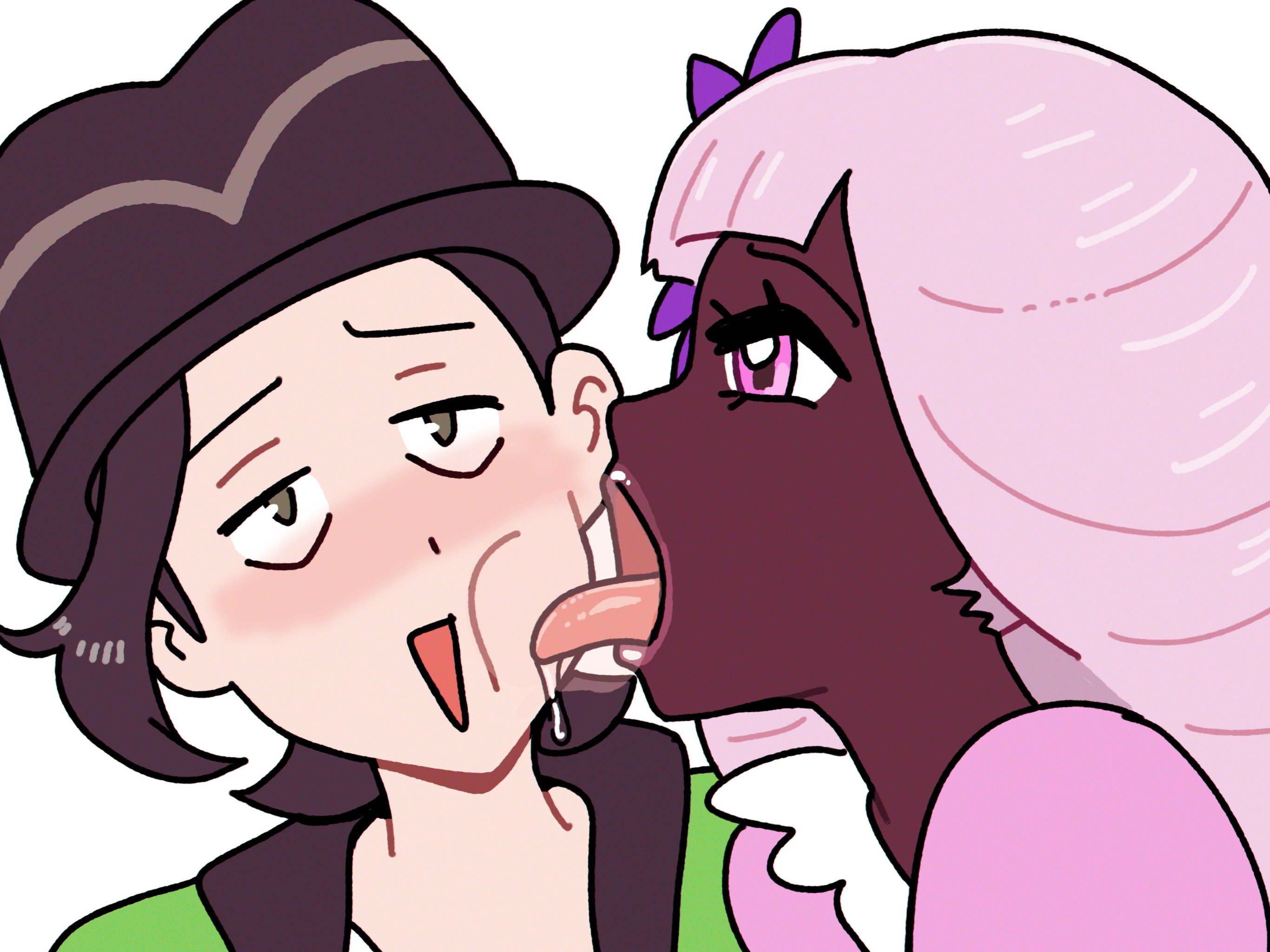 1boy, 1girls, black hair, blush, dark skin, dark-skinned female, face lick, face licking, female, french kiss, hasselnut, hat, hi res, interracial, jacinthe (pokemon), jojo reference, kyouya (pokemon), licking, licking cheek, licking face, light skin, light-skinned male, male, nintendo, open mouth, paxton (pokemon), pink hair, pokemon, pokemon legends: z-a, purple eyes, smile, very high resolution, white background, yukari (pokemon)