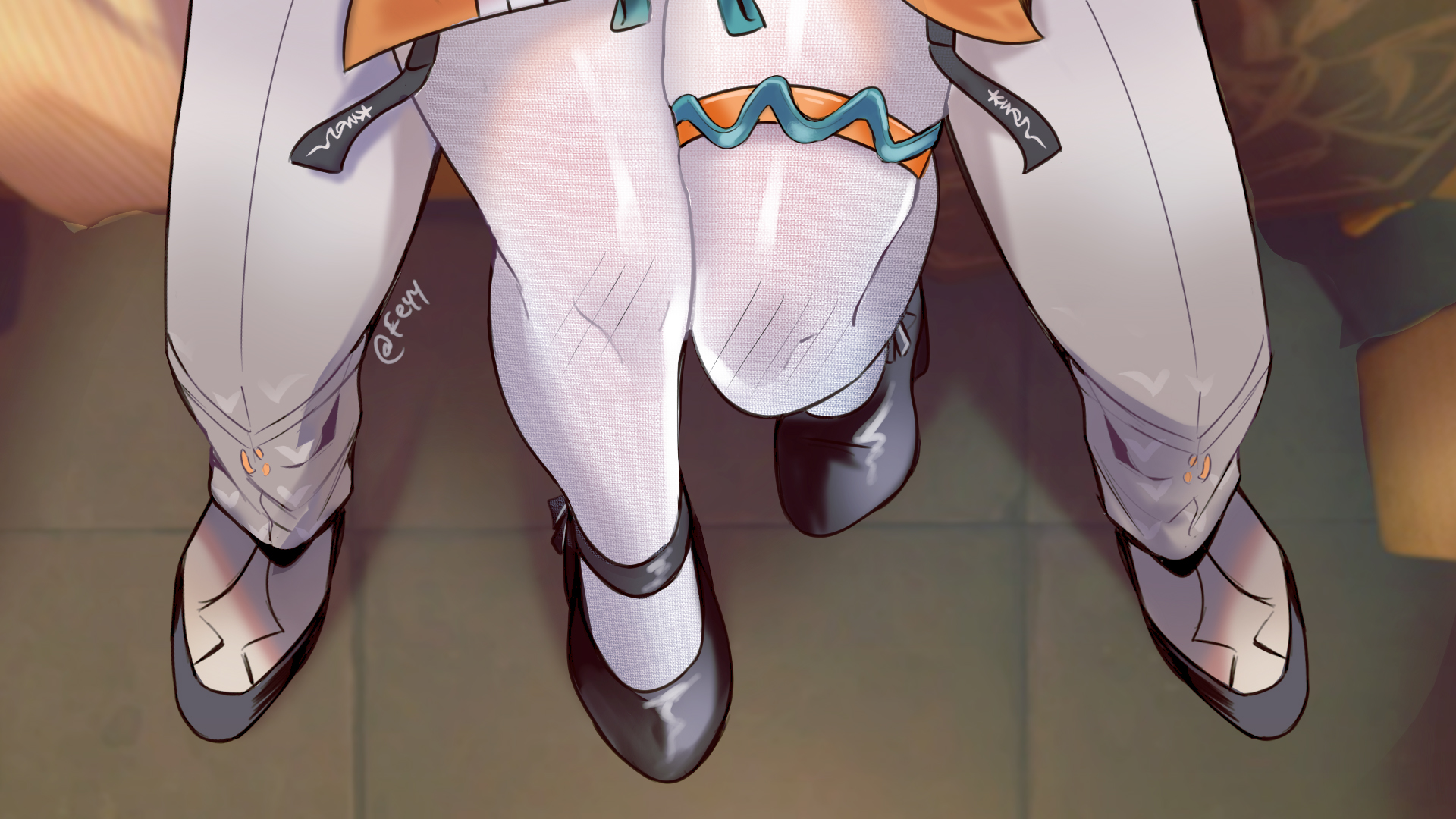 1boy, 1girls, belle (delicate sunlight) (zenless zone zero), belle (zenless zone zero), brother and sister, female, feyy, implied sex, implied sex from between legs, incest, lower body, lower body focus, lower body only, male, official alternate costume, out-of-frame censoring, shoes, sitting on lap, straight, thighlet, white pants, white pantyhose, wise (soaring crane) (zenless zone zero), wise (zenless zone zero), zenless zone zero