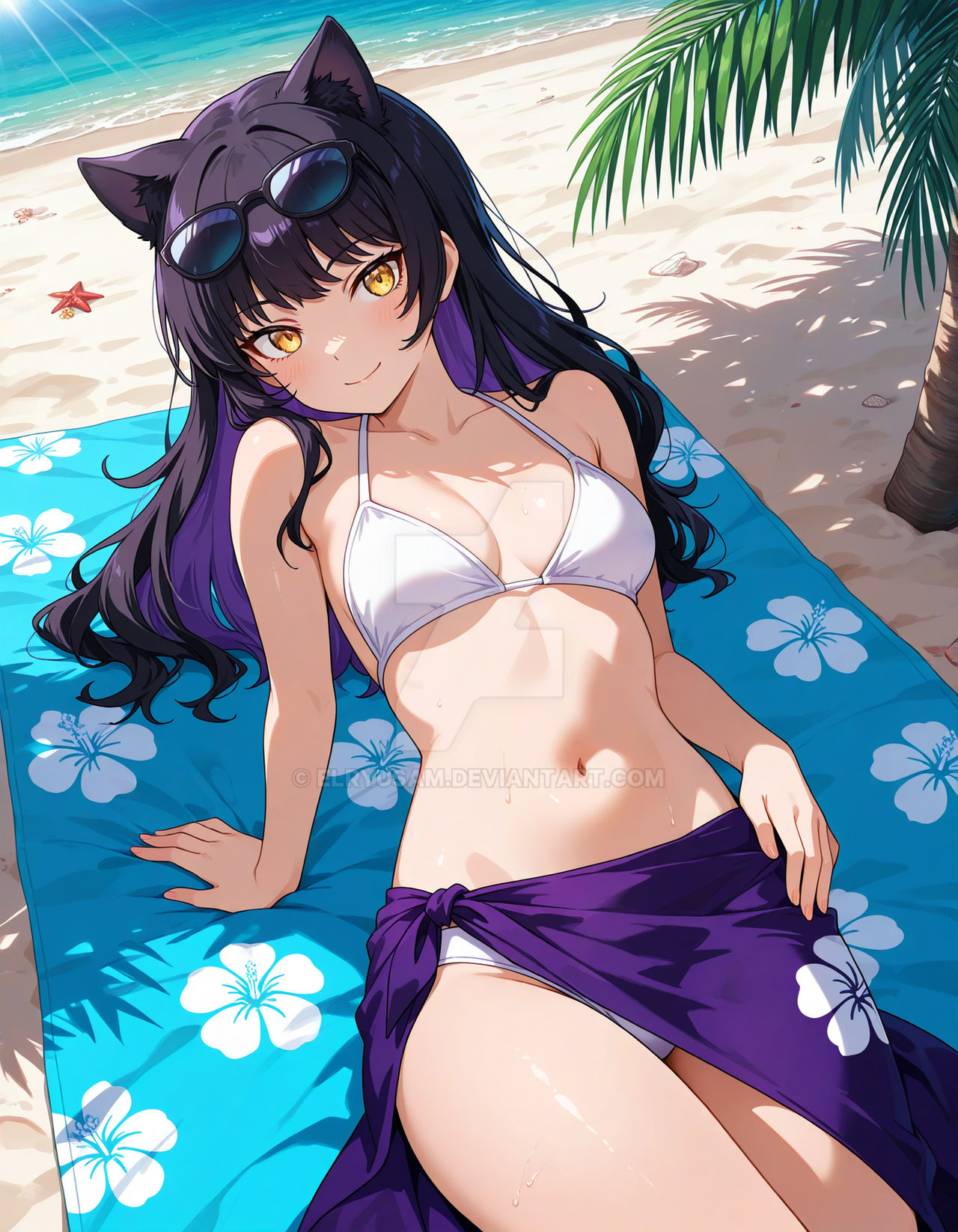 2025, ai generated, beach background, belly, bikini, black dot eyes, black eyebrows, blake belladonna, blue towel, cat ears, closed mouth smile, deviantart, elryusam, eyebrows visible through hair, female only, flower symbol, flower towel, hand on hip, looking at viewer, lying on towel, medium hair female, purple hair female, purple sunglasses, purple towel, rwby, sea background, smile at viewer, smiling at viewer, sunglasses on head, teenage girl, tummy, tv show, video game character, video game franchise, wet body, white bikini, yellow eyes female
