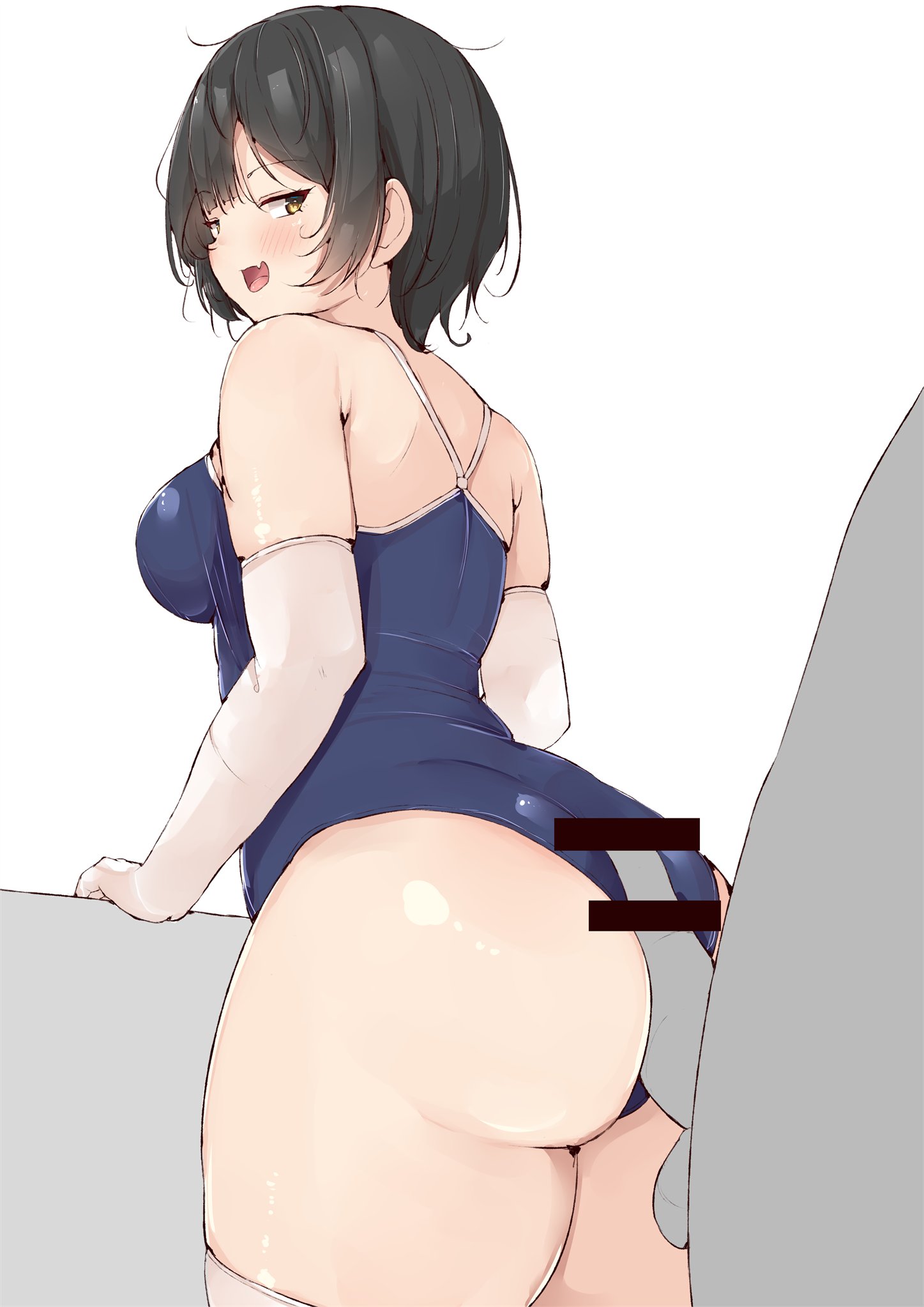 1boy, ass, back, between buttocks, black hair, blue one-piece swimsuit, blush, breasts, brown eyes, buttjob, buttjob over clothes, censored, colored skin, elbow gloves, erection, faceless, faceless male, female, from behind, frottage, gloves, gluteal fold, grey skin, huge ass, looking back, medium breasts, oerba yun fang, one-piece swimsuit, open mouth, original, penis, rubbing, shinonon (iso shino), short hair, skin fang, smile, smug, standing, straight, swimsuit, thick thighs, thighhighs, thighs, white background, white gloves, white thighhighs