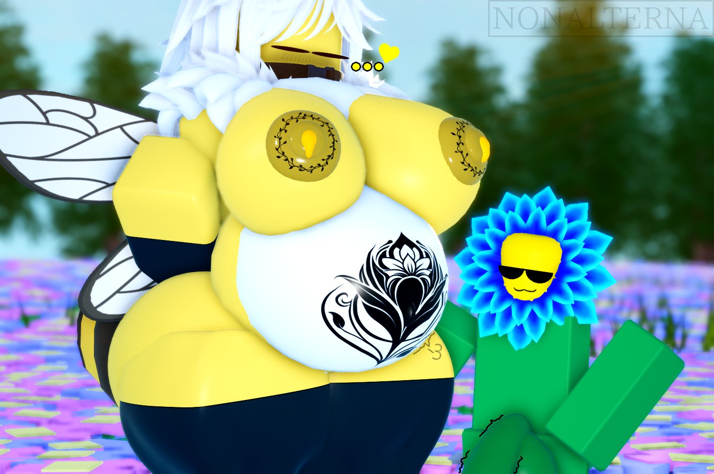3d, 3d (artwork), after sex, anthro, ass, bee, big breasts, breasts, flower, hair, huge breasts, humanoid, insect girl, insects, large breasts, nonalterna, pregnant, pregnant female, roblox, robloxian, tagme, white hair