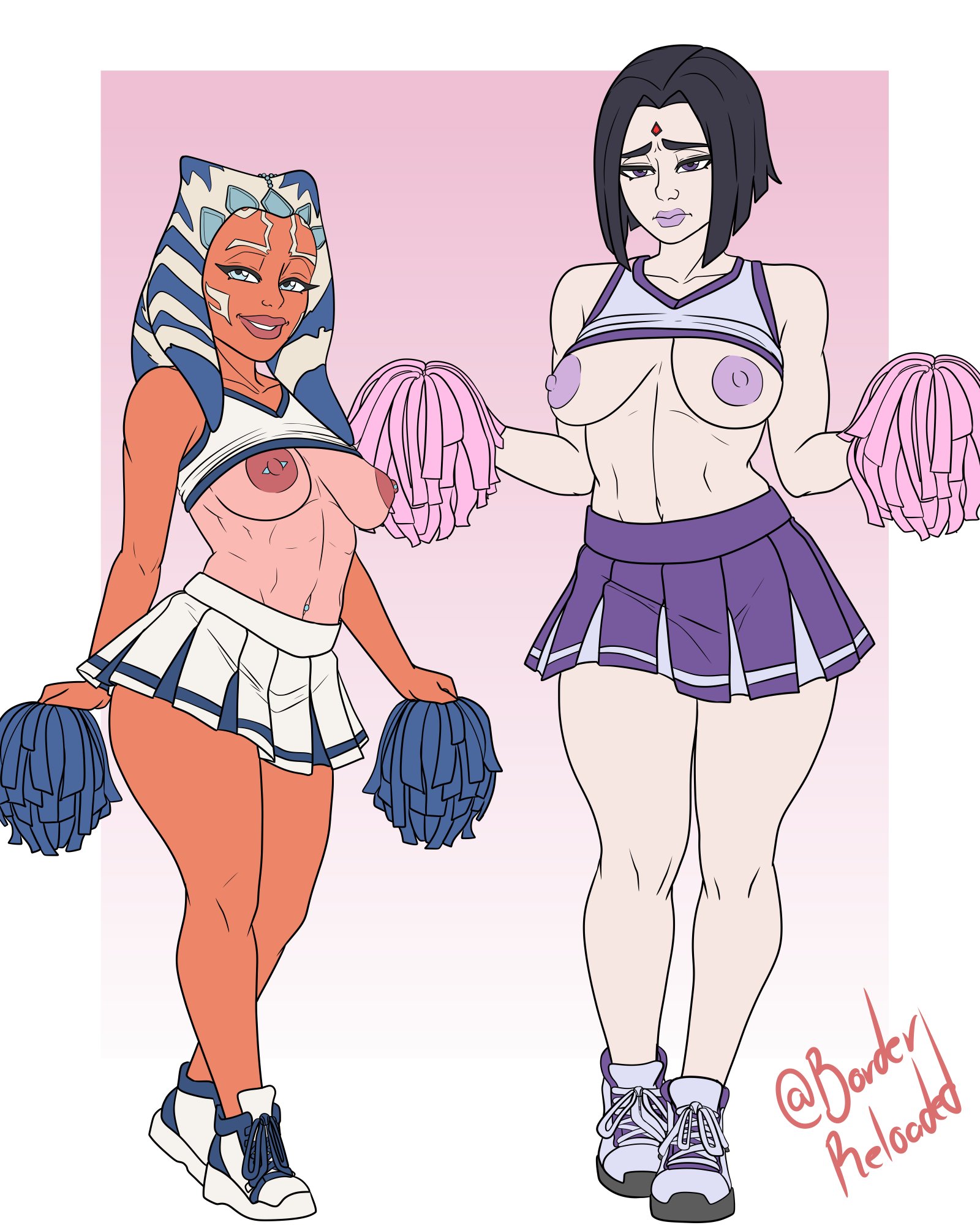 2d, 2girls, abs, ahsoka tano, alien, alien girl, alien humanoid, big ass, big breasts, black hair, borderreloaded, breasts, cheerleader, cheerleader uniform, clothing, comic, crossover, curvaceous, curvy, curvy figure, dc, dc comics, female, female only, goth, goth girl, large ass, large breasts, medium breasts, nipple piercing, nipples, orange body, orange skin, pom poms, raven (dc), shoes, shortstack, skirt, small breasts, sneakers, standing, star wars, teen titans, thick thighs, thighs, togruta, toned, toned female, wide hips