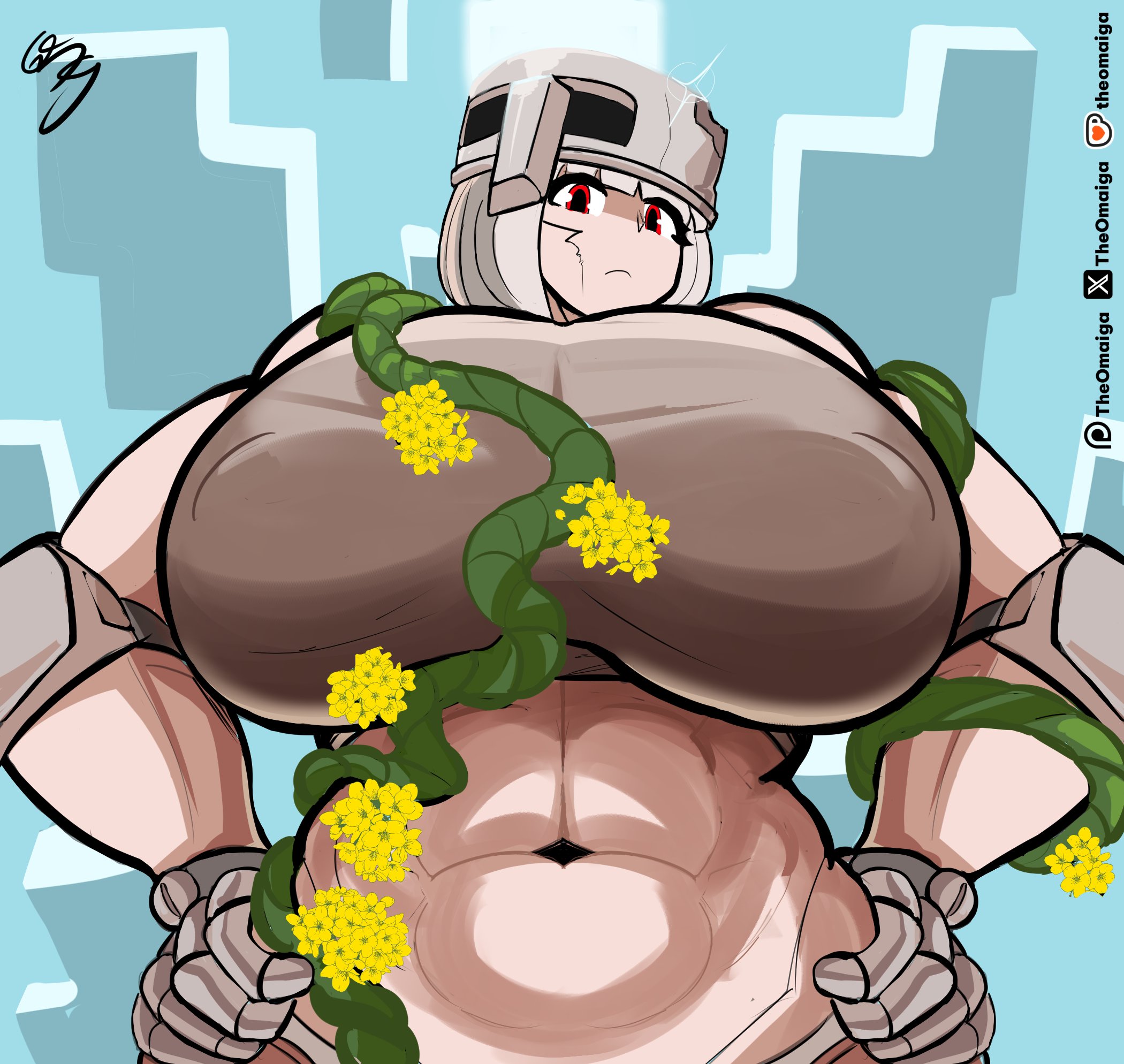 1girls, armor, armored female, armored gloves, big breasts, breasts, breasts bigger than head, clothed, clothing, female, flower, gigantic breasts, gloves, gray hair, grey skin, huge breasts, hyper, hyper breasts, iron golem (minecraft), looking at viewer, mcyt, minecraft, minecraft youtubers, mob talker, muscular, muscular female, red hair, rule 63, scar, scar on face, short hair, sole female, solo, tall, tall female, taller female, theomaiga, thick thighs, thighs, twitch, twitch streamer, twitch.tv, twitter, twitter username, youtube, youtuber, youtubers
